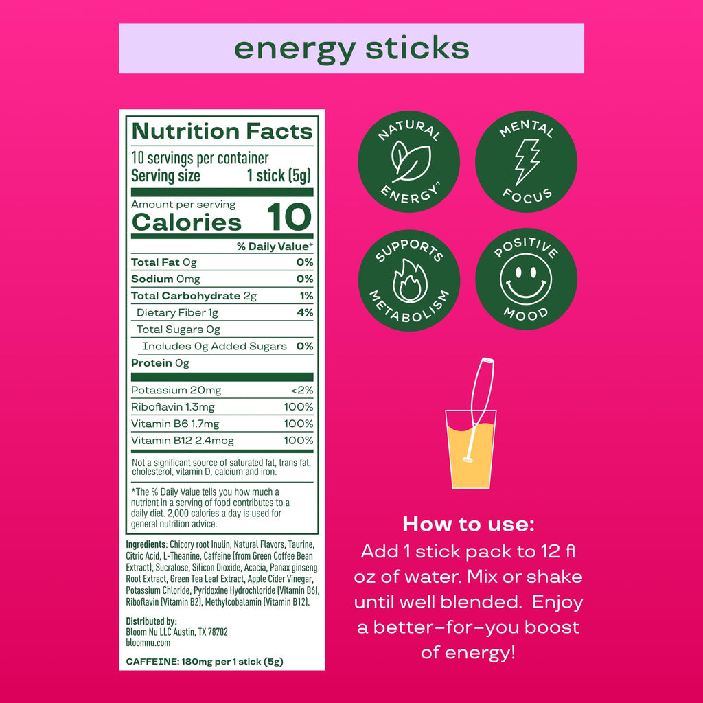 Bloom Nutrition Energy Drink Powder Packets, Sugar Free Energy Drink Mix with L-Theanine, B Vitamins & Natural Caffeine, On the Go Powder Sticks for Natural Energy, 10 Calories (10 Pouches (Pack of 1), Shirley Temple)