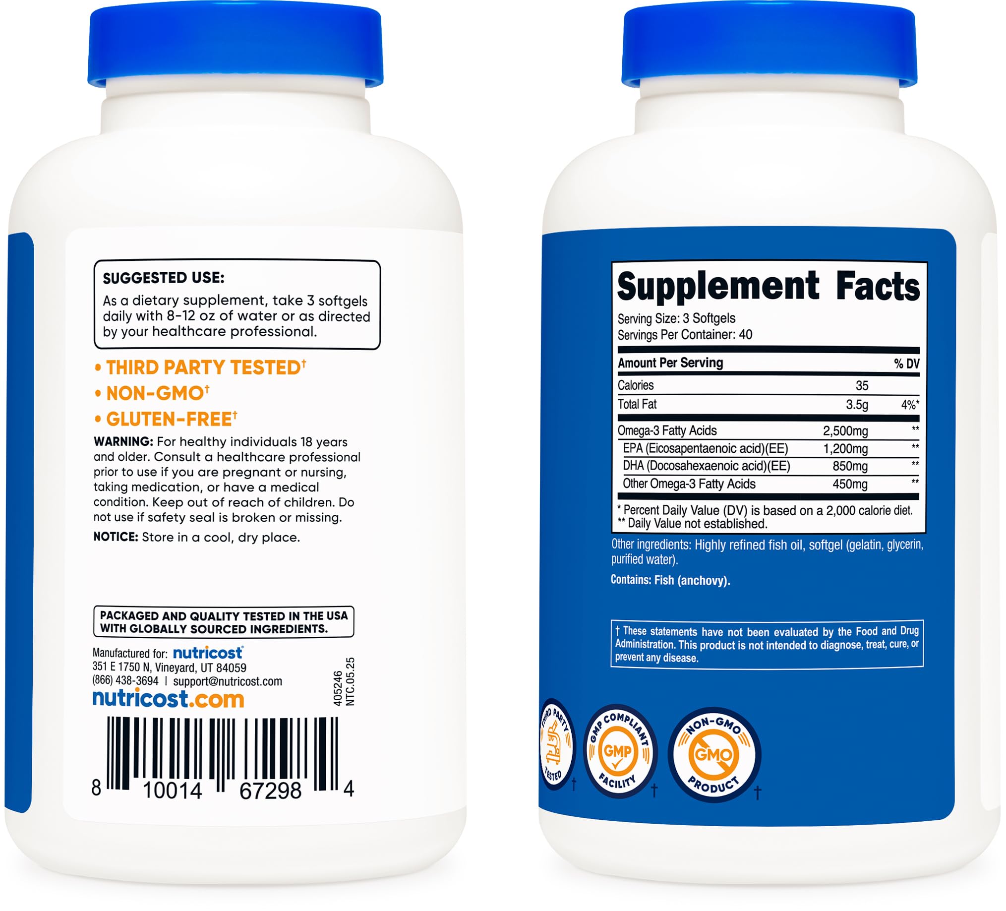 Nutricost Omega 3 Fish Oil - 2500MG, 120 Softgels (40 Serv) - Fish Oil, Wild Caught! 1200mg EPA 850mg DHA - Non-GMO, Gluten Free (Pack of 2)