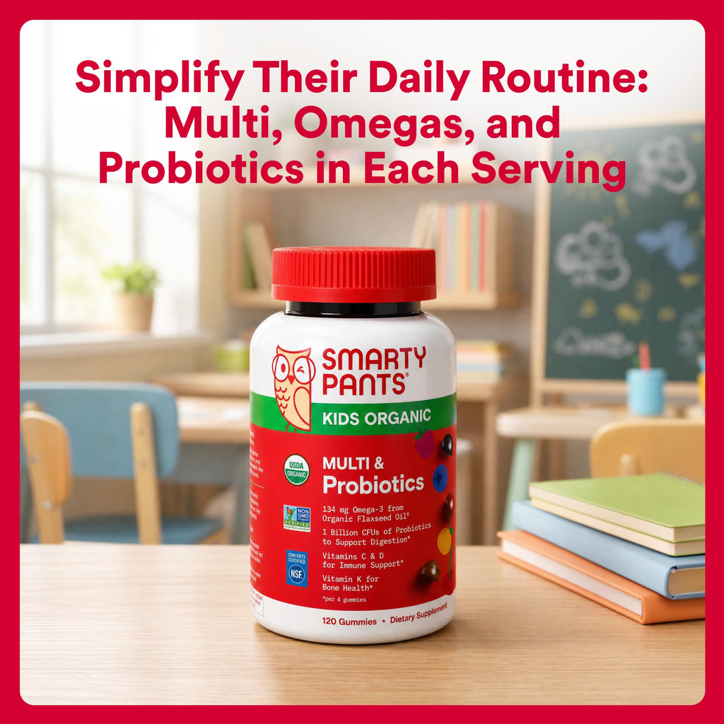 SmartyPants Organic Kids Multivitamin Gummies: Probiotics, Omega 3 (ALA), Vitamin D3, C, Vitamin B12, B6, A, K & Zinc for Immune Support, Biotin, Three Fruit Flavors, 120 Count (30 Day Supply)
