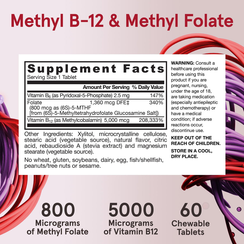 Jarrow Formulas Methyl B-12 & Methyl Folate, Bioactive Vitamin B9 and Vitamin B12 Supplement, Supports Cellular Energy Production, Healthy Brain Function & Metabolism, 60 Chewable Tablets, 60 Servings