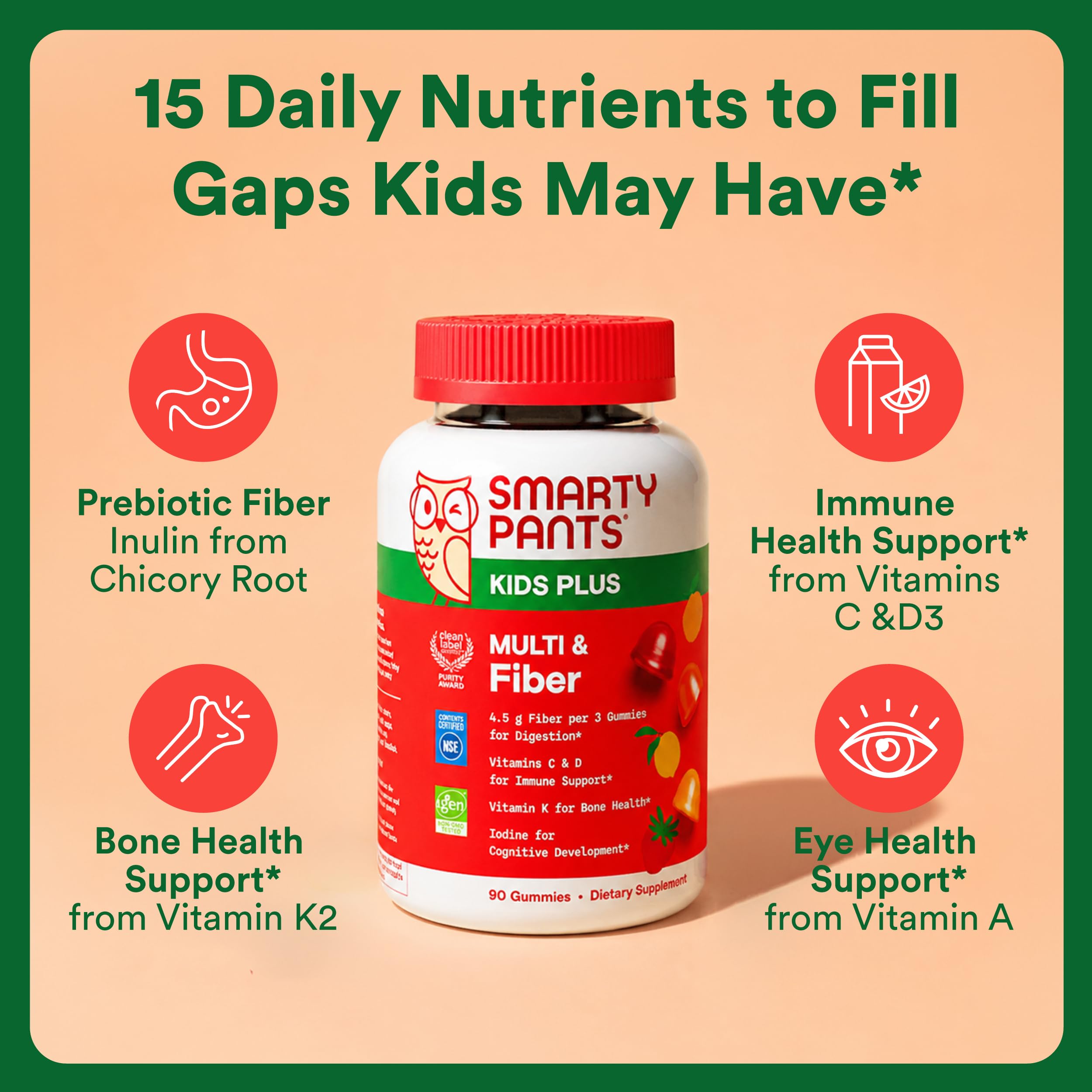 SmartyPants Kids Multivitamin & Fiber Gummies: Prebiotic Fiber to Support Kids Digestion with Vitamin D3, C, Vitamin B12, B6, A, Zinc, Biotin, Folate, Three Fruit Flavors, 90 Count (30 Day Supply)