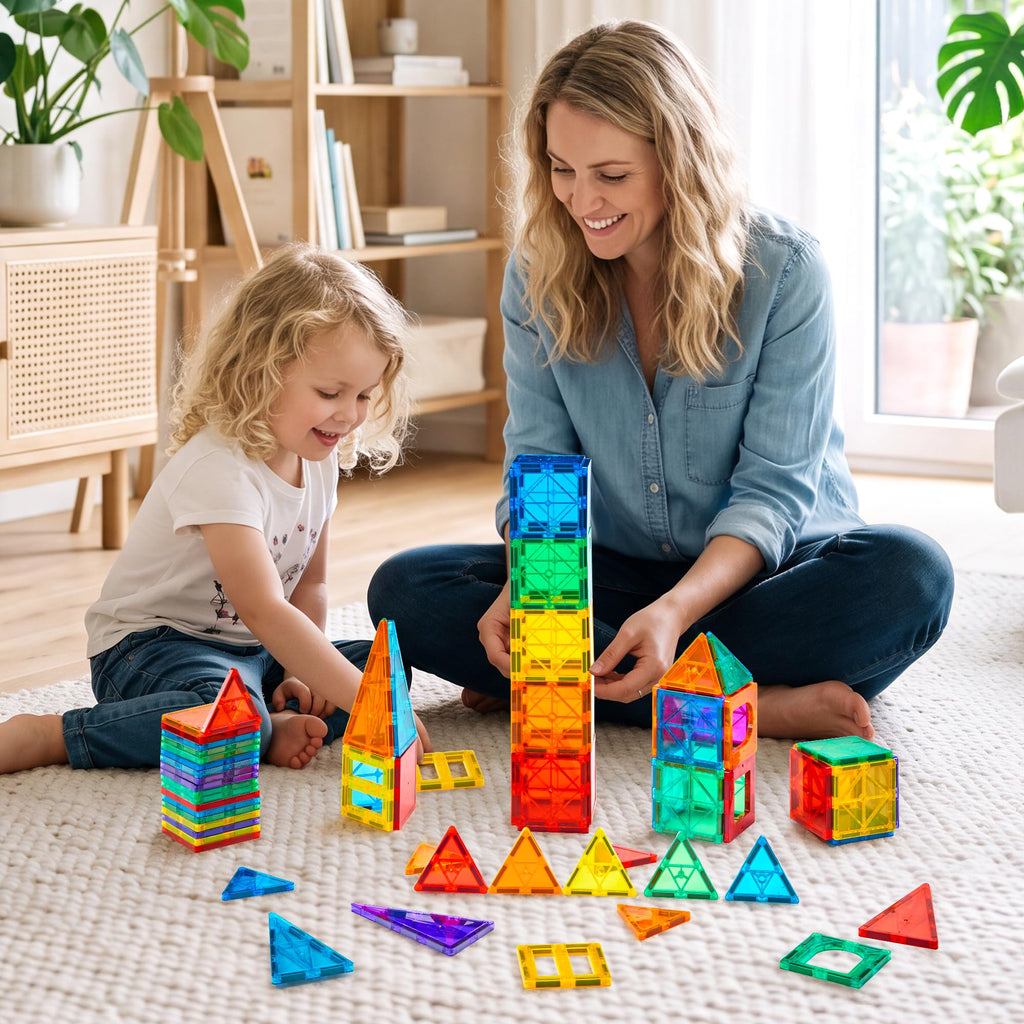 Gemmicc 100 PCS Magnetic Tiles with 2 Cars, STEM Approved Educational Magnet BuildingToys, Magnet Puzzles Stacking Blocks for Boys Girls