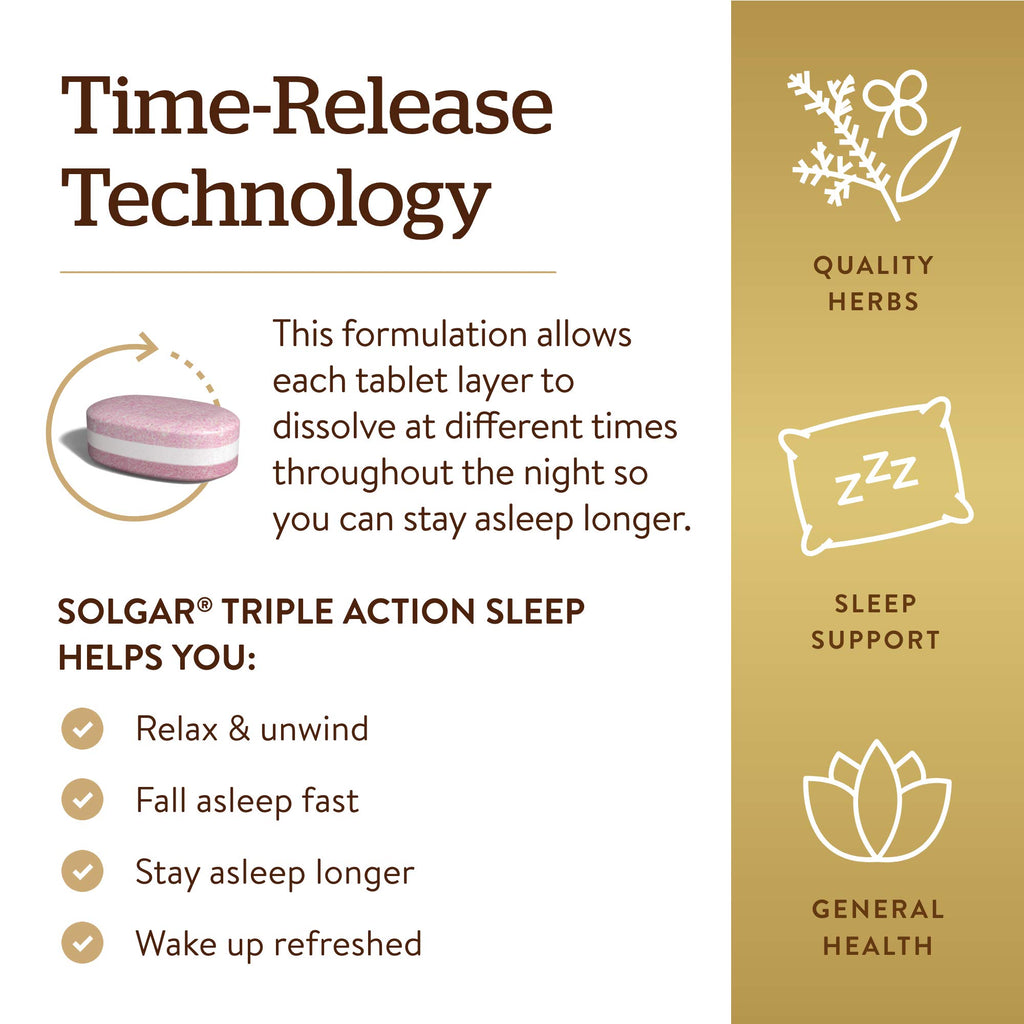 Solgar Triple Action Sleep, 30 Tri-Layer Tablets - Time-Release Melatonin & L-Theanine Plus Herbal Blend - Helps You Relax, Fall Asleep Fast & Stay Asleep Longer - Non-GMO, Gluten Free - 30 Servings