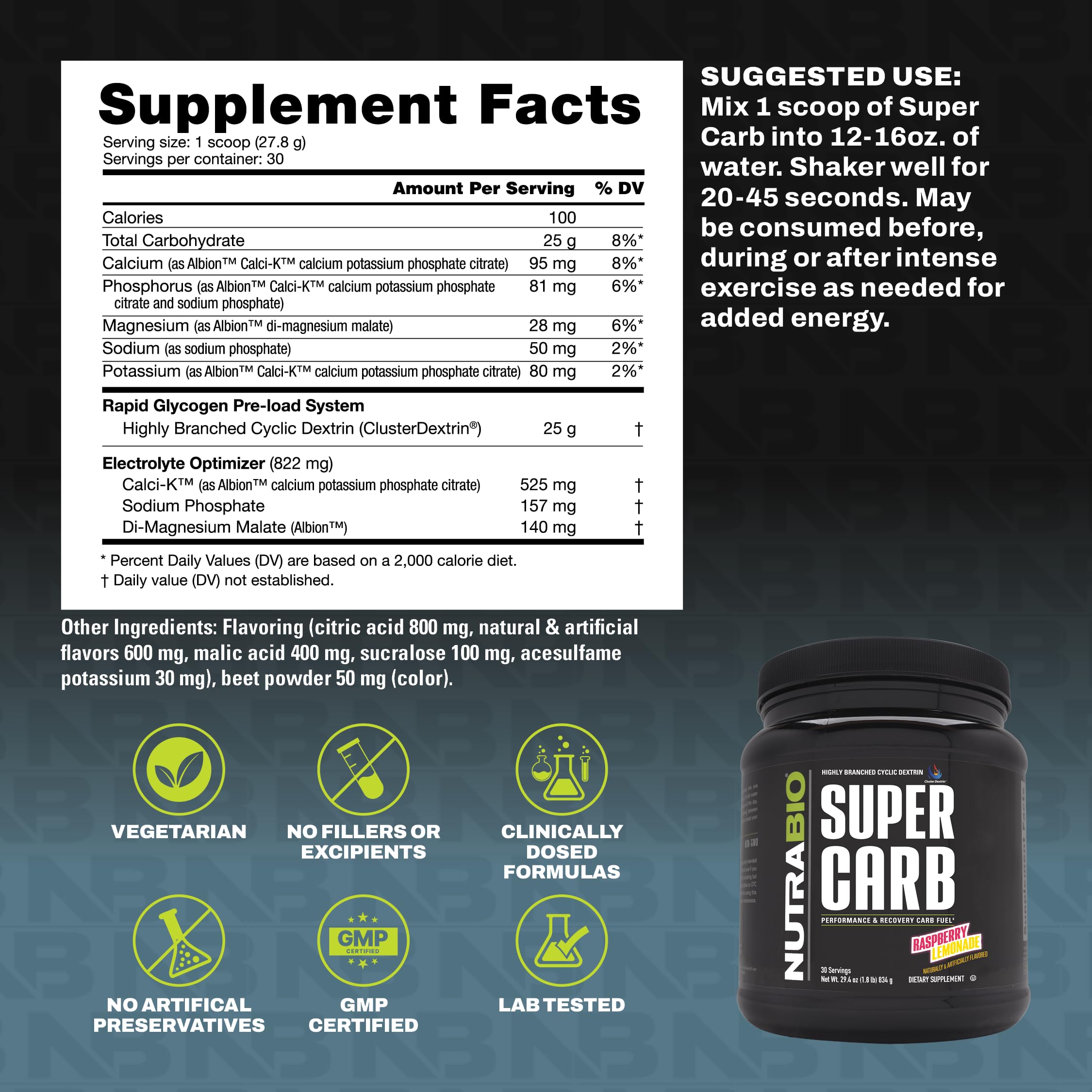 NutraBio Super Carb, Carbohydrate Powder with Cluster Dextrin & Electrolytes, Advanced Carb Supplement Powder for Workout Fuel,Performance, and Muscle Recovery,Cyclic Dextrin,Raspberry Lemonade, 30 Sv