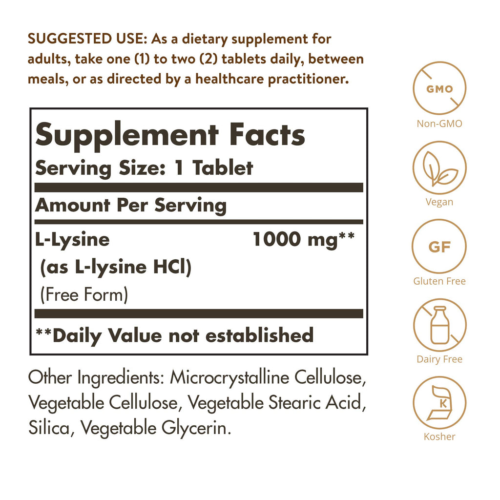 Solgar L-Lysine 1000 mg, 250 Tablets - Enhanced Absorption and Assimilation - Promotes Integrity of Skin and Lips - Collagen Support - Amino Acids - Non-GMO, Vegan, Gluten Free-250 Servings(Pack of 2)