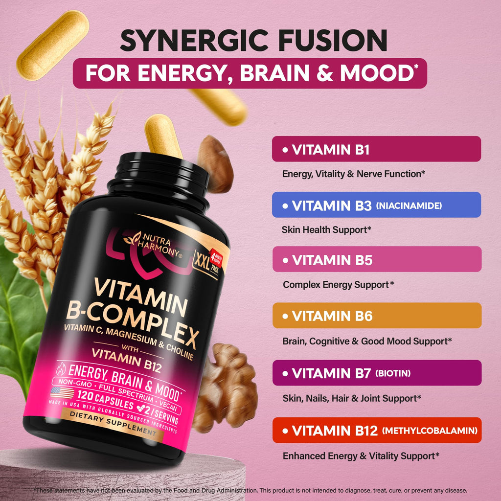 Vitamin B Complex for Men & Women - Riboflavin B2, B12, B1, B3, B5, B6, B7, B8, B9 | Vitamin C, Choline, Inositol | B-Complex Supplement | Energy, Brain & Heart Support | Lab Tested | 120 Vegan Caps
