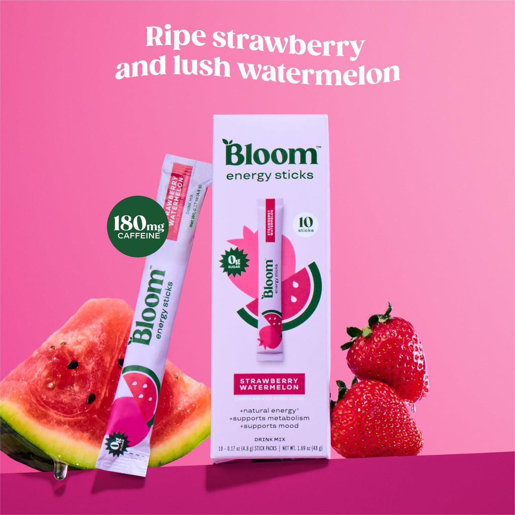 Bloom Nutrition Energy Drink Powder Packets, Sugar Free Energy Drink Mix with L-Theanine, B Vitamins & Natural Caffeine, On the Go Powder Sticks for Natural Energy, 10 Calories (10 Pouches (Pack of 1), Strawberry Watermelon)