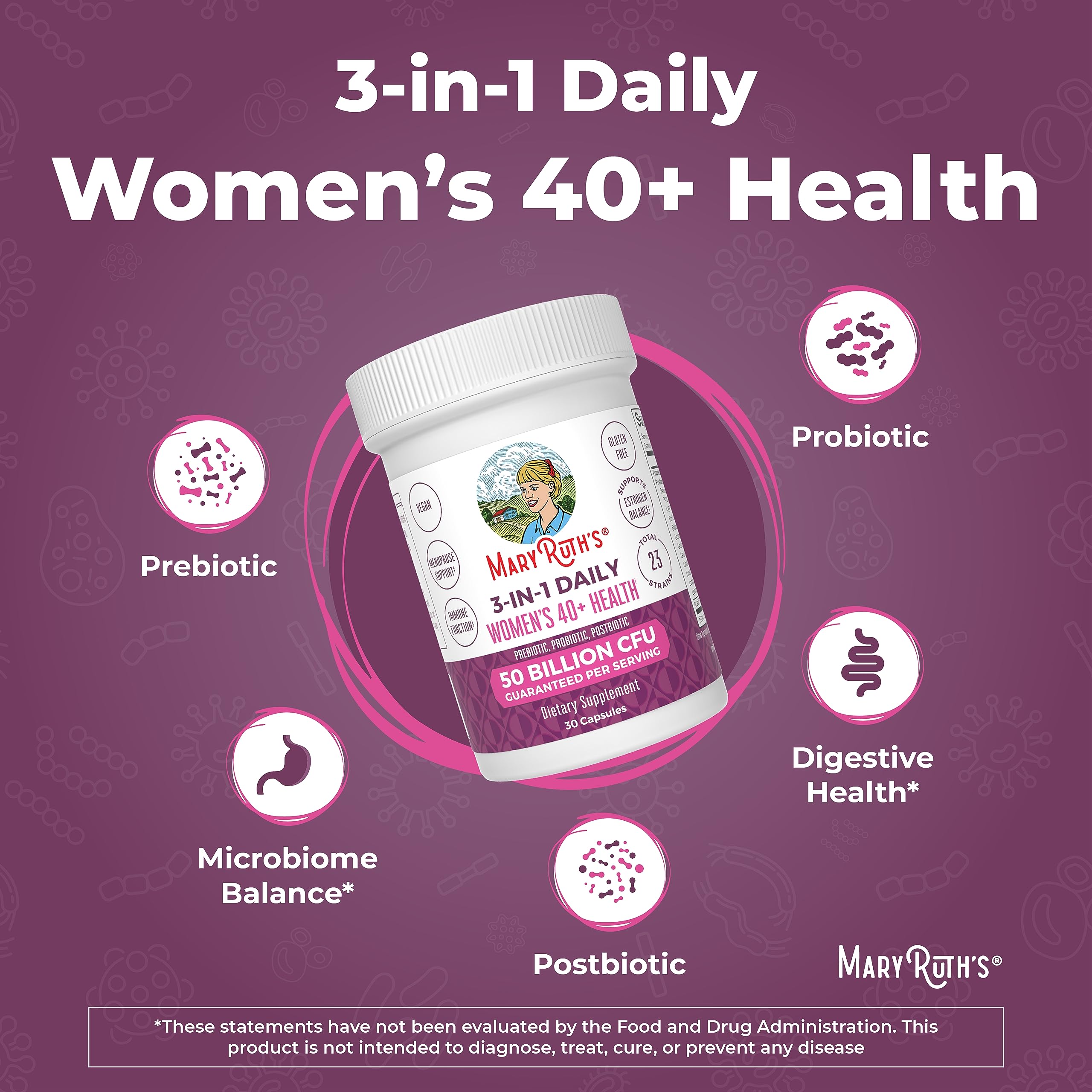 MaryRuth's 3-in-1 Daily Health 40+ Probiotics for Women, 50 Billion CFU
