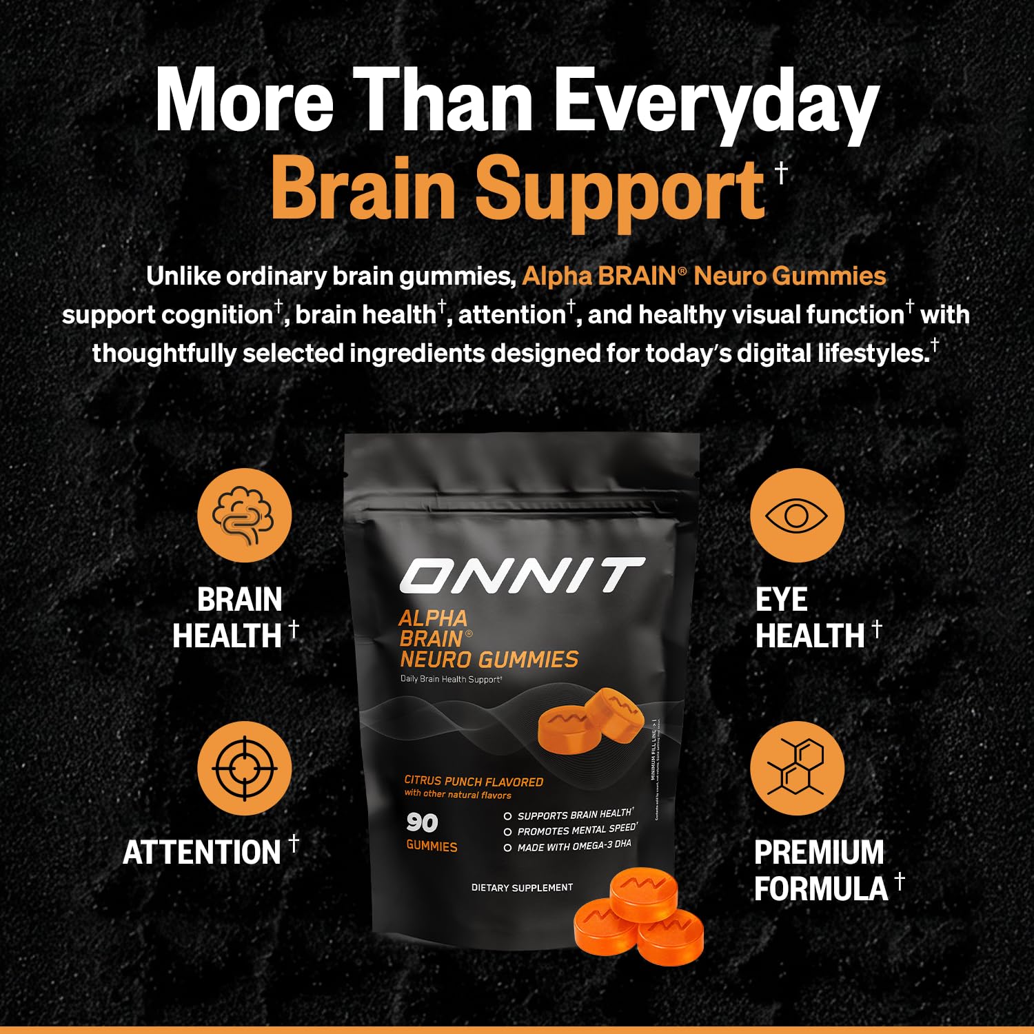 ONNIT Alpha Brain Neuro Focus Gummies, IGEN Non-GMO Tested Vegan Gummies with Omega-3s Lutein Zeaxanthin and Caffeine, Brain Eye and Focus Supplement for Men and Women, Citrus Punch, 90 Count