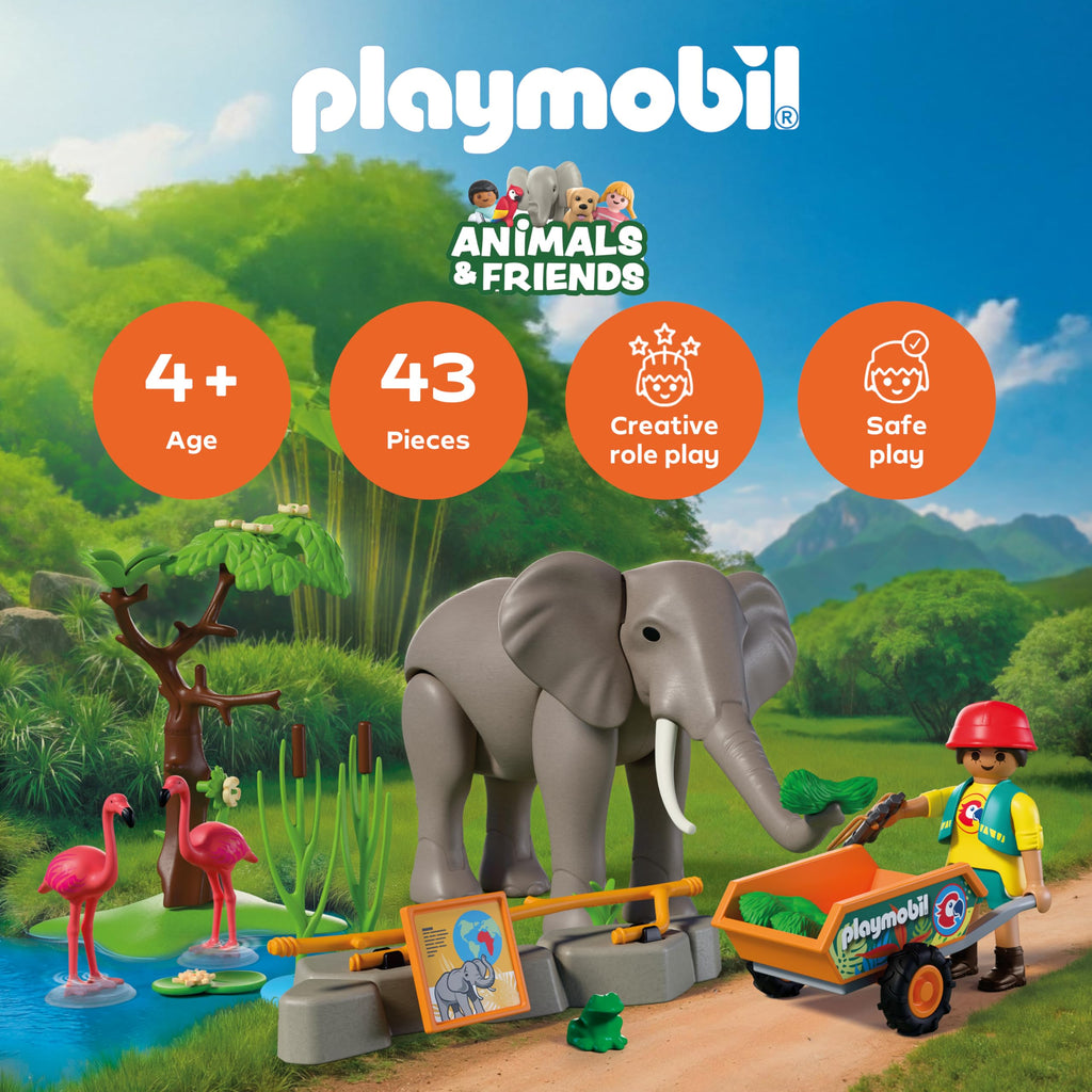 Playmobil | Animal and Friends | Elephant with Animal Keeper | Zoo Toy Set with 4 Animals and Enclosure Accessories | for Children Aged 4 and up | 72068