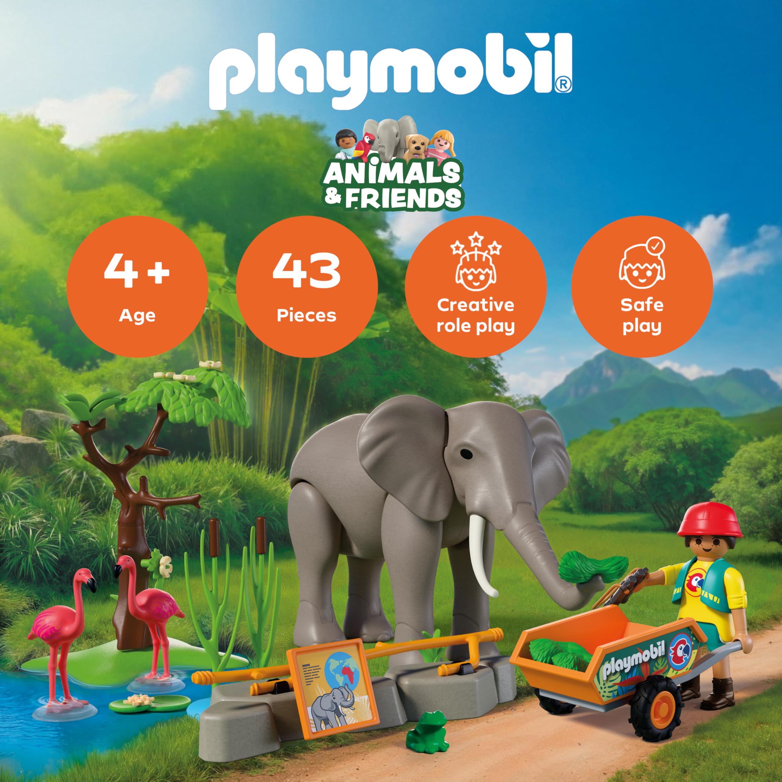 Playmobil | Animal and Friends | Elephant with Animal Keeper | Zoo Toy Set with 4 Animals and Enclosure Accessories | for Children Aged 4 and up | 72068