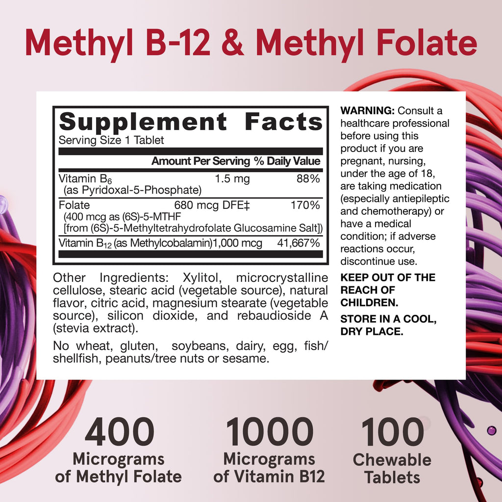 Jarrow Formulas Methyl B-12 & Methyl Folate, Bioactive Vitamin B9 & Vitamin B12 Supplement, Supports Cellular Energy Production, Healthy Brain Function & Metabolism, 100 Chewable Tablets, 100 Servings