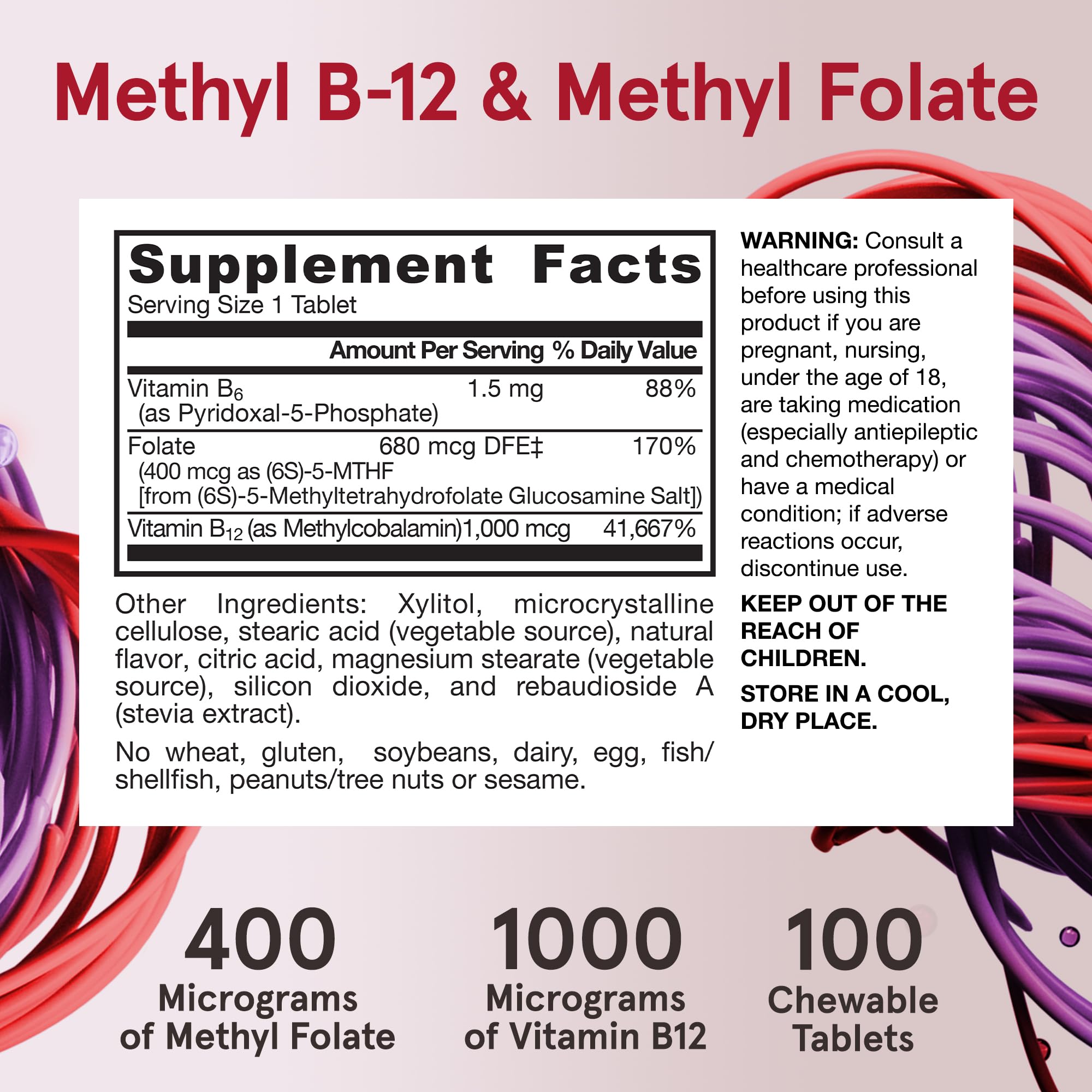 Jarrow Formulas Methyl B-12 & Methyl Folate, Bioactive Vitamin B9 & Vitamin B12 Supplement, Supports Cellular Energy Production, Healthy Brain Function & Metabolism, 100 Chewable Tablets, 100 Servings