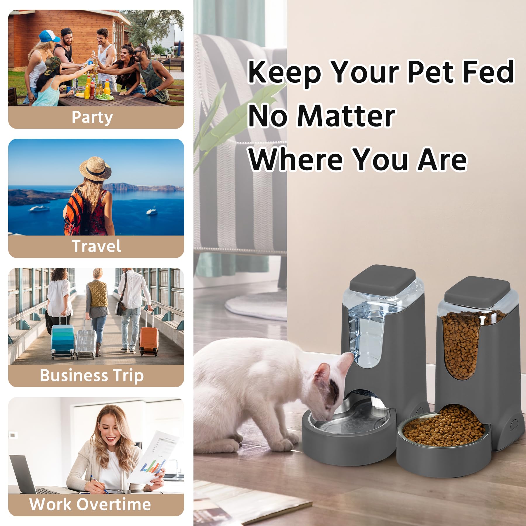 2 Pack Automatic Cat Feeder and Gravity Stainless Steel Water Dispenser, Dog Food Feeder and Waterer Set for Small Medium Puppy Kitten Pets (1 Gallon x 2, Gray)