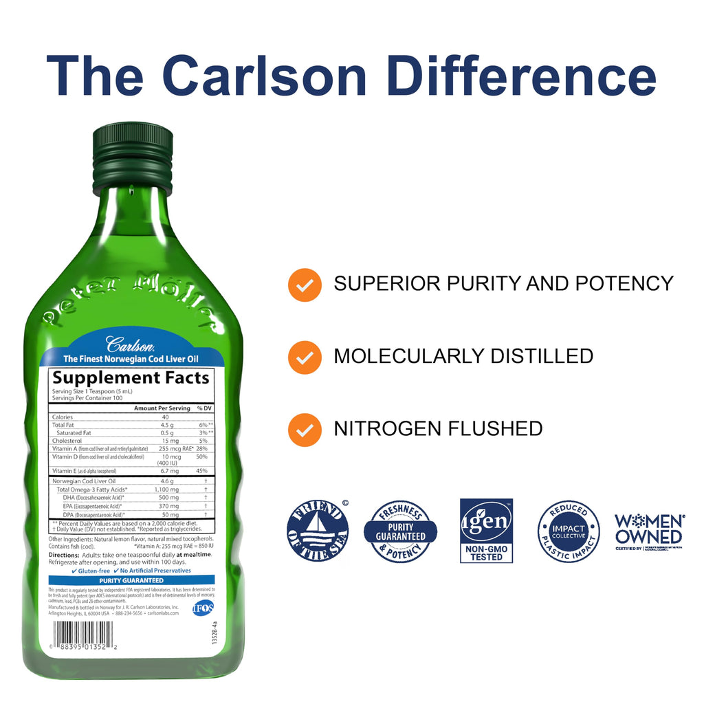 Carlson - Cod Liver Oil, 1100 mg Omega-3s, Wild-Caught Norwegian Arctic Cod-Liver Oil, Sustainably Sourced Nordic Fish Oil Liquid, Unflavored, 500 ml (16.9 Fl Oz)