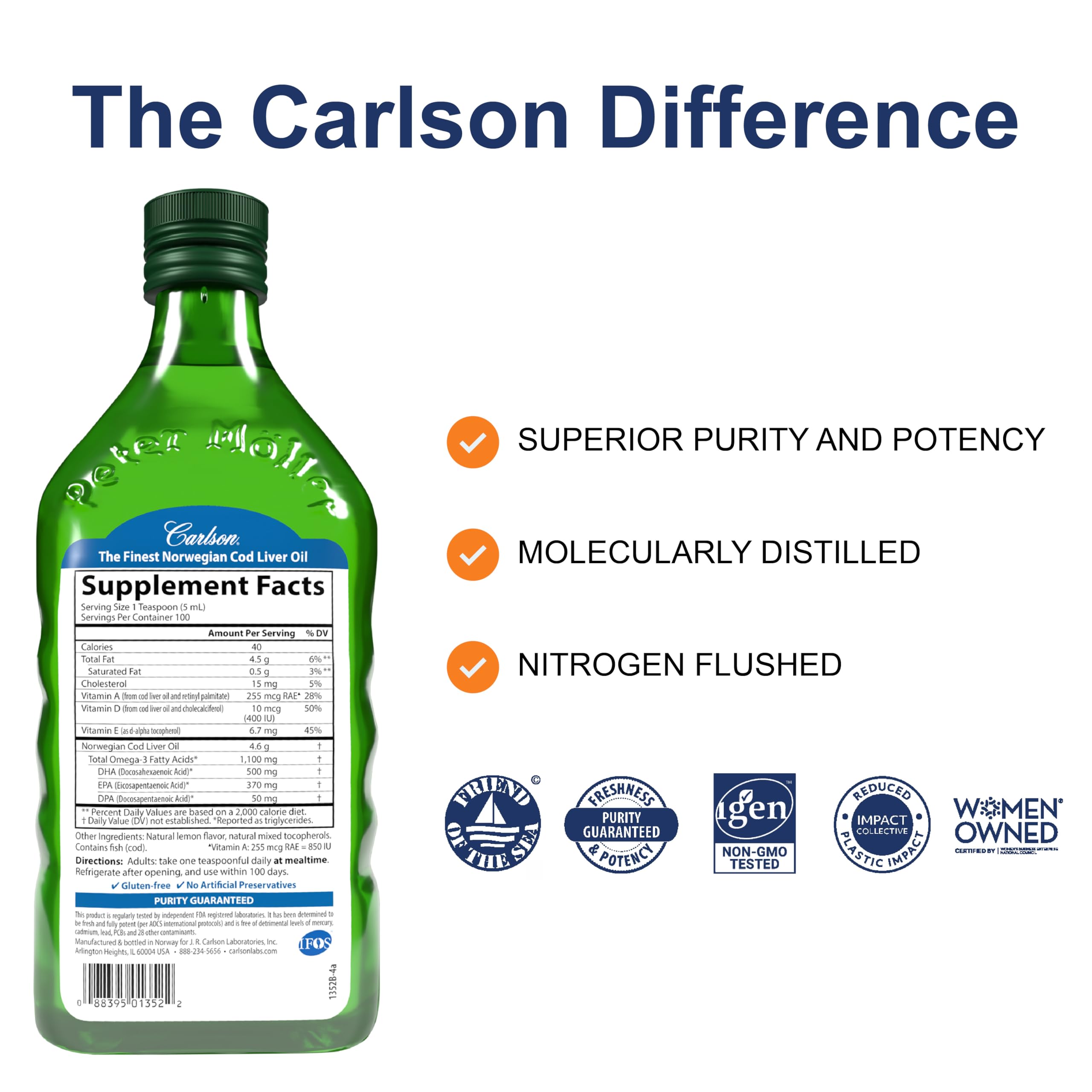 Carlson - Cod Liver Oil, 1100 mg Omega-3s, Wild-Caught Norwegian Arctic Cod-Liver Oil, Sustainably Sourced Nordic Fish Oil Liquid, Unflavored, 500 ml (16.9 Fl Oz)