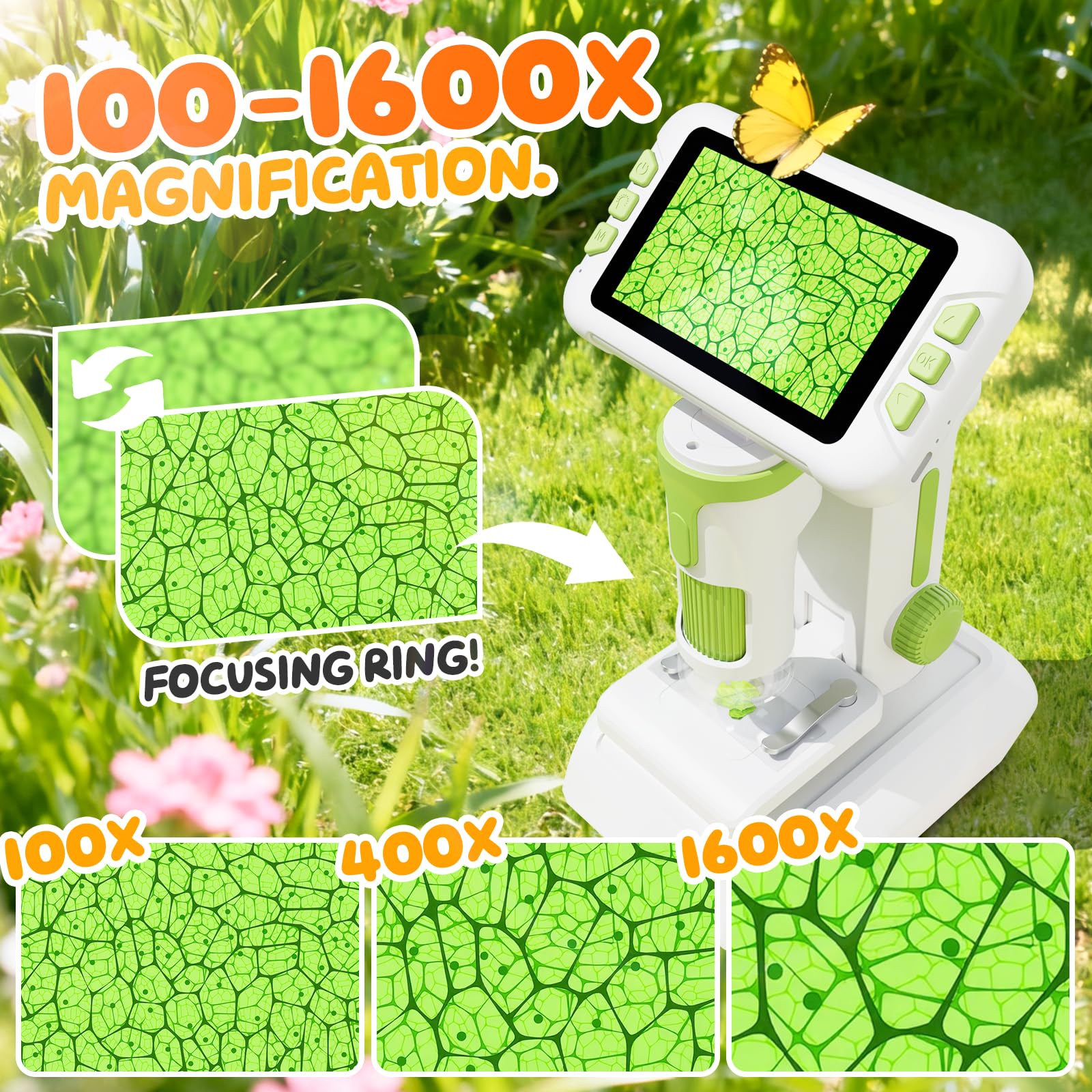 HEWEIMEI 1600X Microscope for Kids, 1080P 4.0" Digital Screen Kids Microscopes with Slides Kit, Educational Science Toys for Christmas Birthday Gifts for 3-14 Year Old Children Students