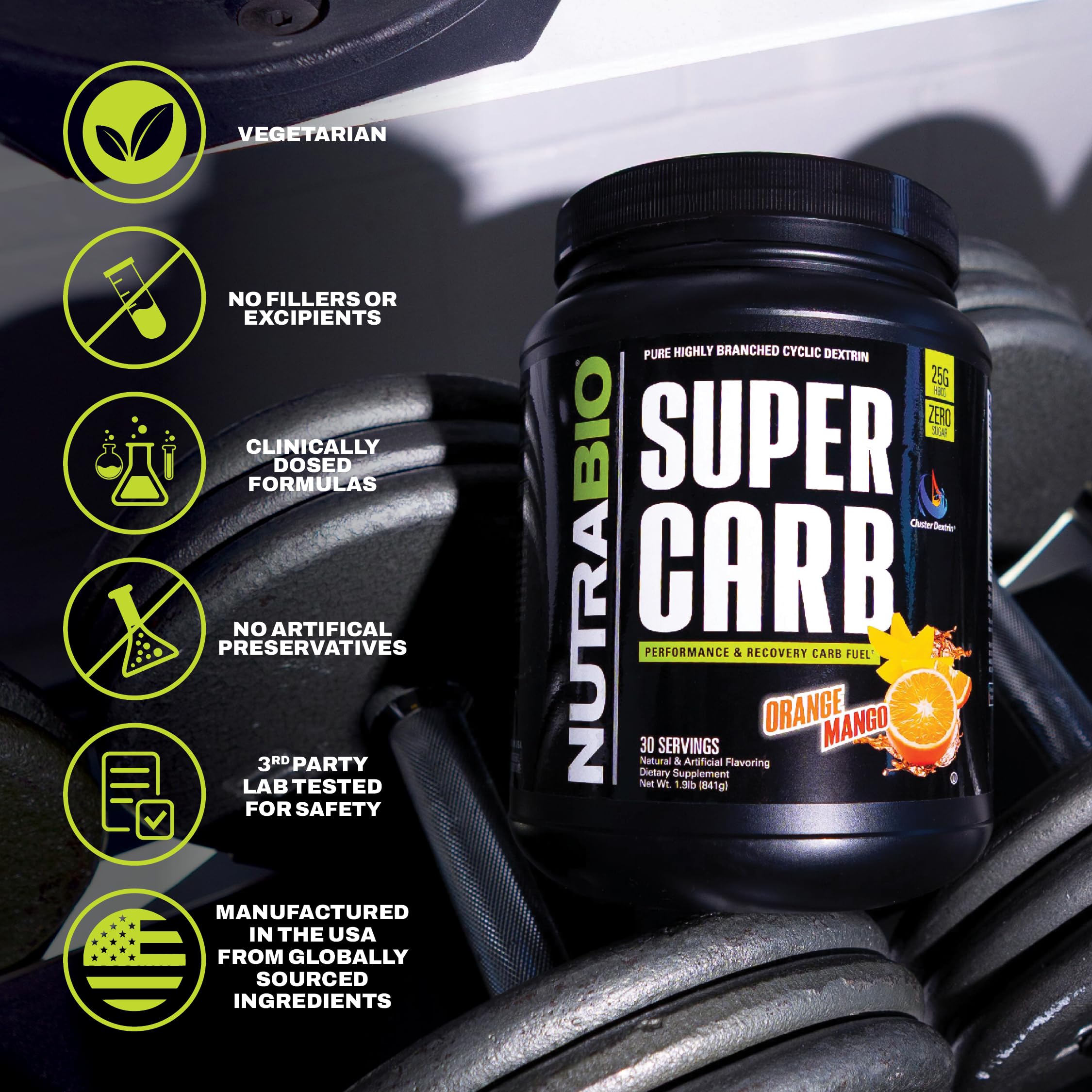 NutraBio Super Carb, Carbohydrate Powder with Cluster Dextrin & Electrolytes, Advanced Carb Supplement Powder for Workout Fuel, Performance, and Muscle Recovery, Cyclic Dextrin, Orange Mango, 30 Sv