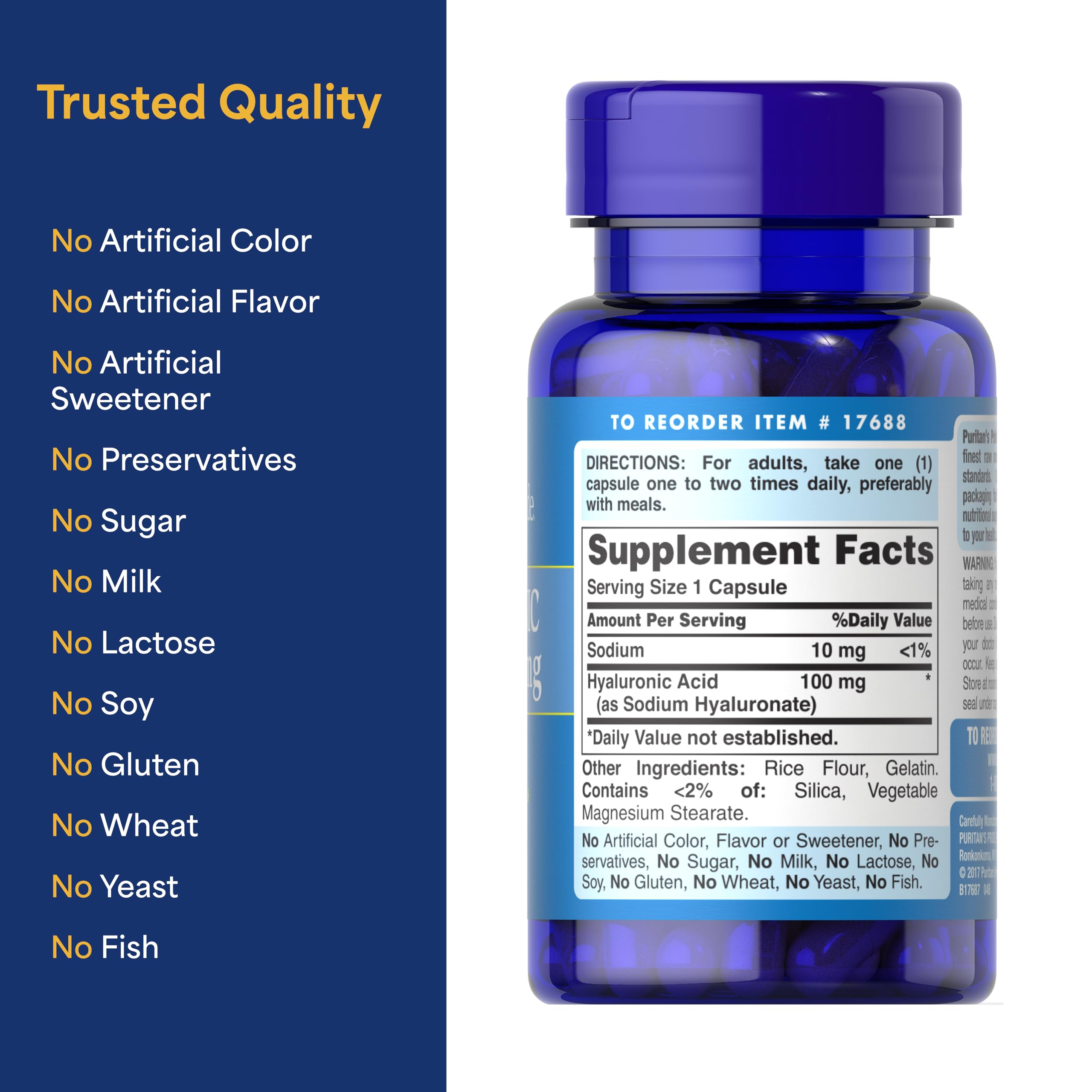 Puritans Pride Hyaluronic Acid 100mg, Dietary Supplement for Skin Hydration, 60 Rapid Release Capsules