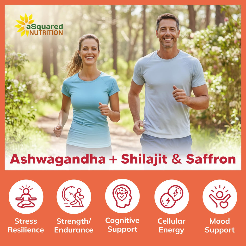 aSquared Nutrition Ashwagandha Supplements for Men & Women + Shilajit & Saffron - 120 Capsules - Pure Root Powder Complex - Pills Alternative to Gummies & Drops