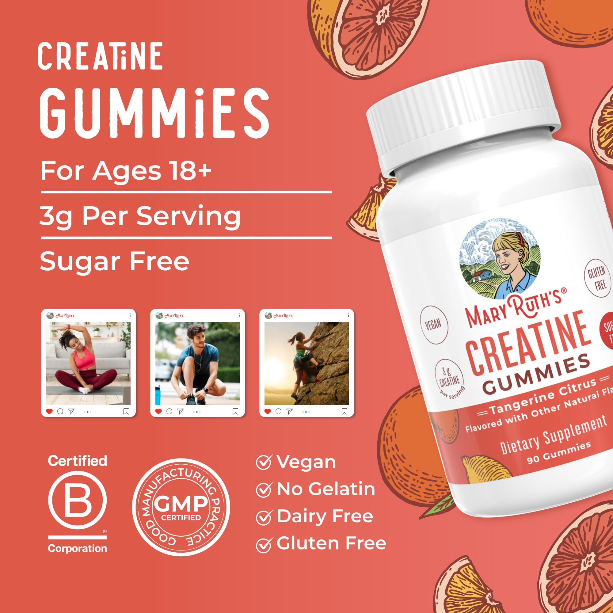 MaryRuth's Creatine Gummies | Creatine Monohydrate Gummies | 3g Creatine Per Serving | Creatine for Women & Men | Tangerine Citrus Flavor | Exercise | Workout | Sugar Free | Vegan | 90 Count