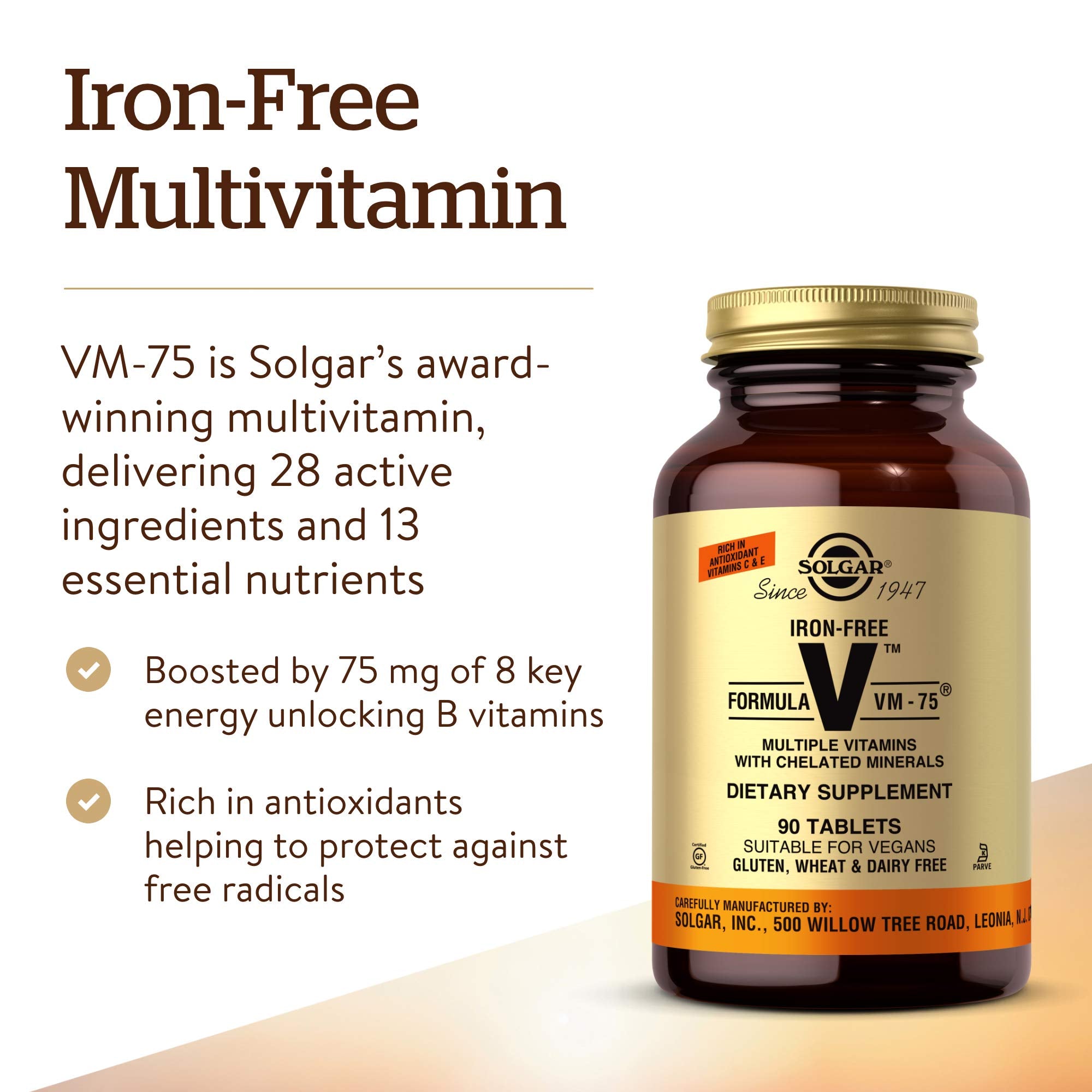 Solgar Iron-Free Formula VM-75, 90 Tablets - Multivitamin with Chelated Minerals - Vitamin A, B6, B12, C, D, E - Biotin, Magnesium, Calcium, Zinc - Vegan, Gluten & Dairy Free, Kosher - 90 Servings