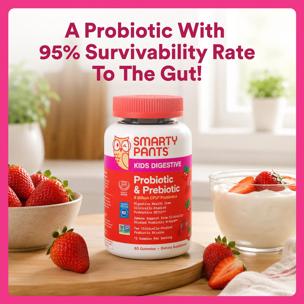 SmartyPants Kids Probiotic & Prebiotic Gummies for Digestive Health: Gut Health Supplement, Clinically Studied Prebiotic for Immune Support, Strawberry, 60 Count (30 Day Supply)