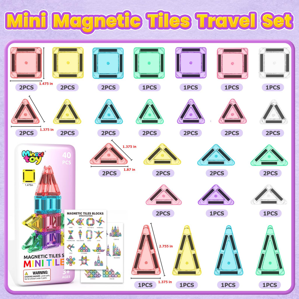 40PCS Magnetic Tiles Mini Travel Essentials Toddler Toys with Case Set, Preschool Montessori Education Magnetic Building Blocks Games Sensory Toys for 3 4 5 Year Old Boys Girls Birthday Gifts