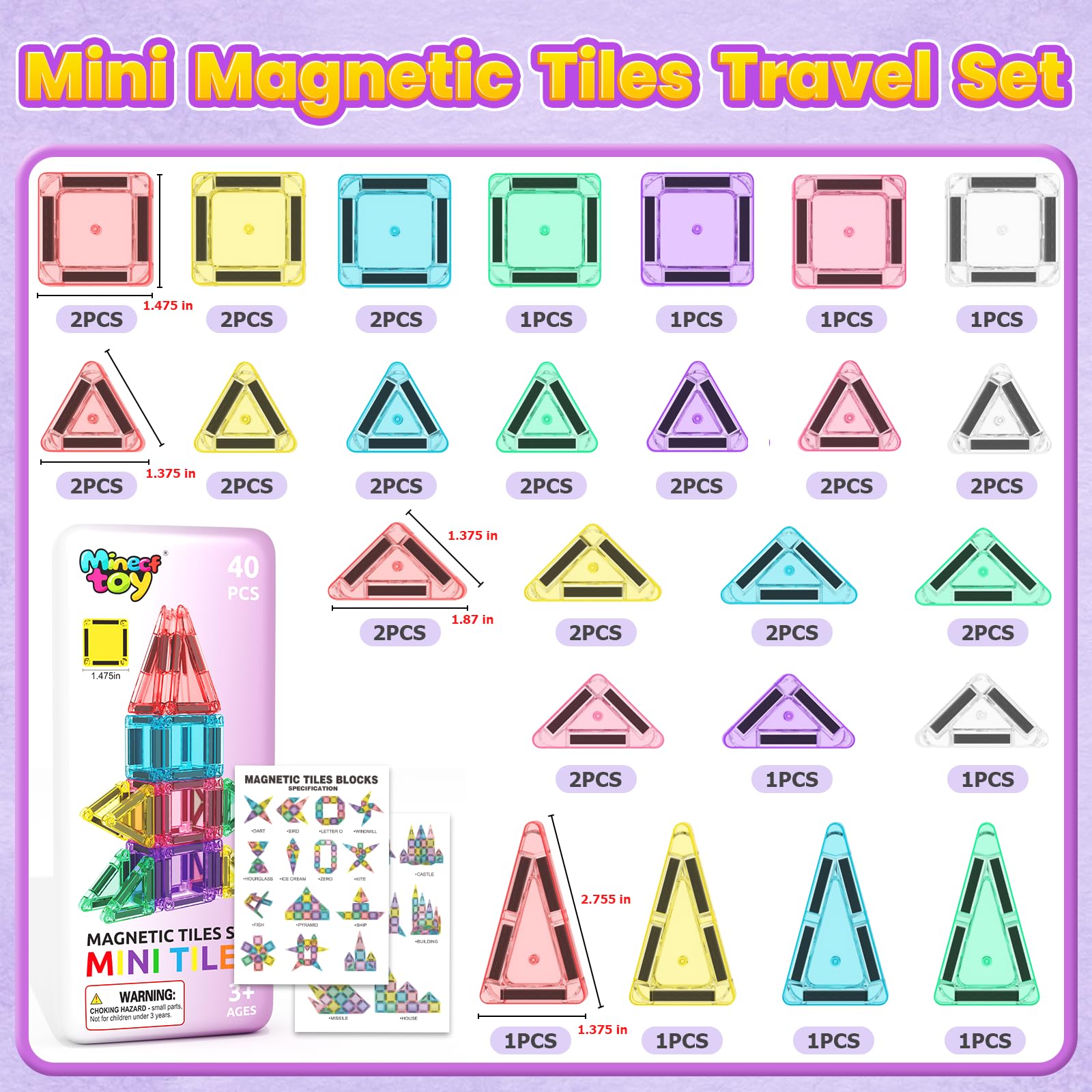 40PCS Magnetic Tiles Mini Travel Essentials Toddler Toys with Case Set, Preschool Montessori Education Magnetic Building Blocks Games Sensory Toys for 3 4 5 Year Old Boys Girls Birthday Gifts