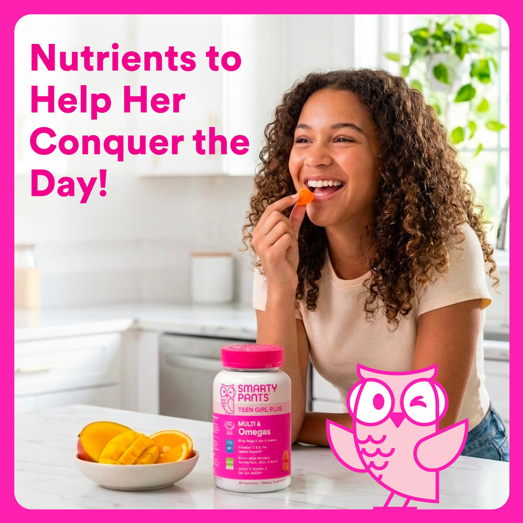 SmartyPants Teen Girl Multivitamin Gummies, Omega 3 (DHA/EPA), Vitamin C, D3, B12, Vitamin A, K & Zinc, Biotin to Support Hair, Skin & Nails, Gluten Free, 60 Count (30 Day Supply)