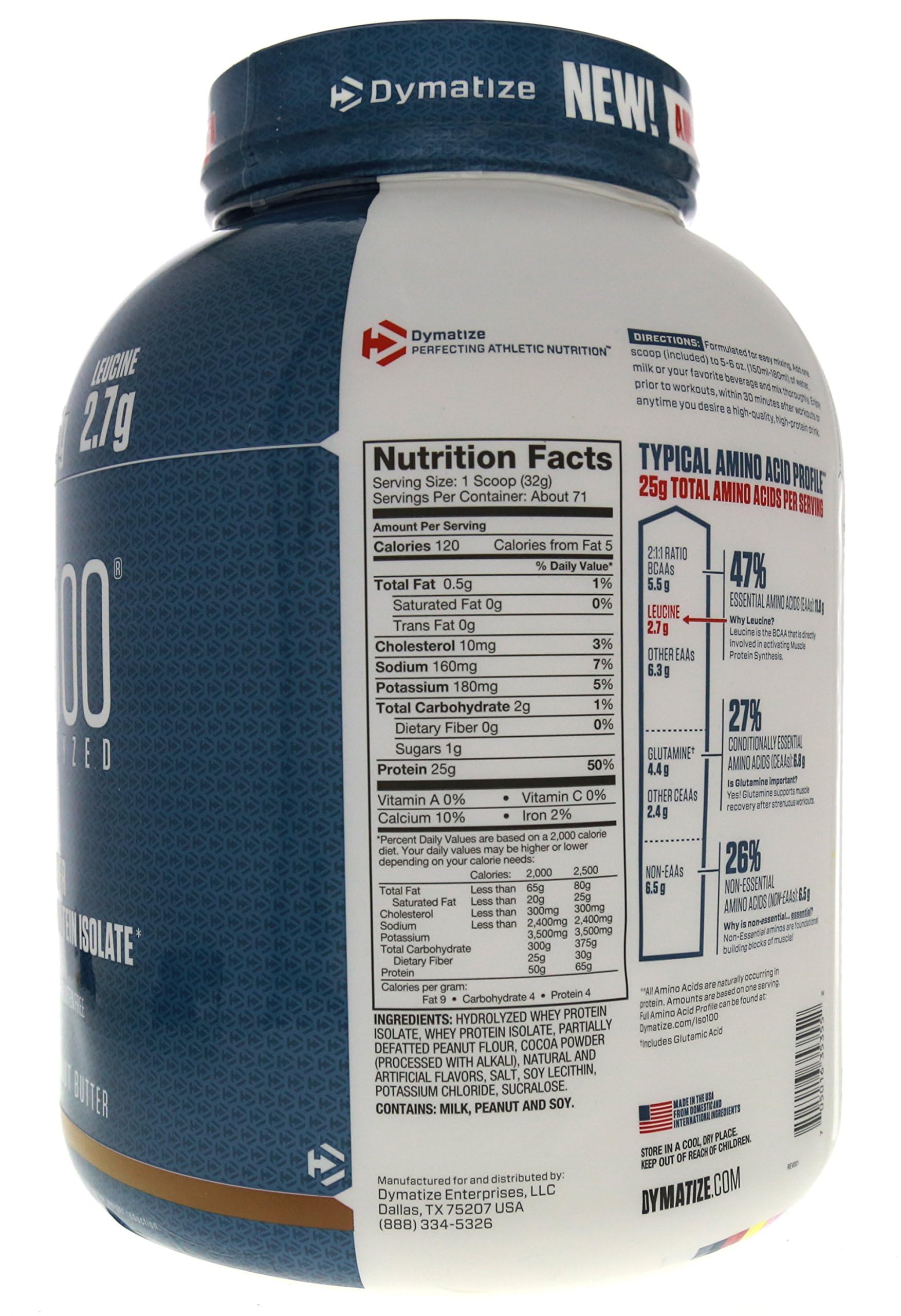 Dymatize ISO100 Whey Protein Powder Isolate, Chocolate Peanut Butter, 25g of Protein, 5 Pound, 5.5g BCAAs, Less Than 120 Cal., Gluten Free, 1g Fat, 1g Sugar, 2g Carb (71 Servings)