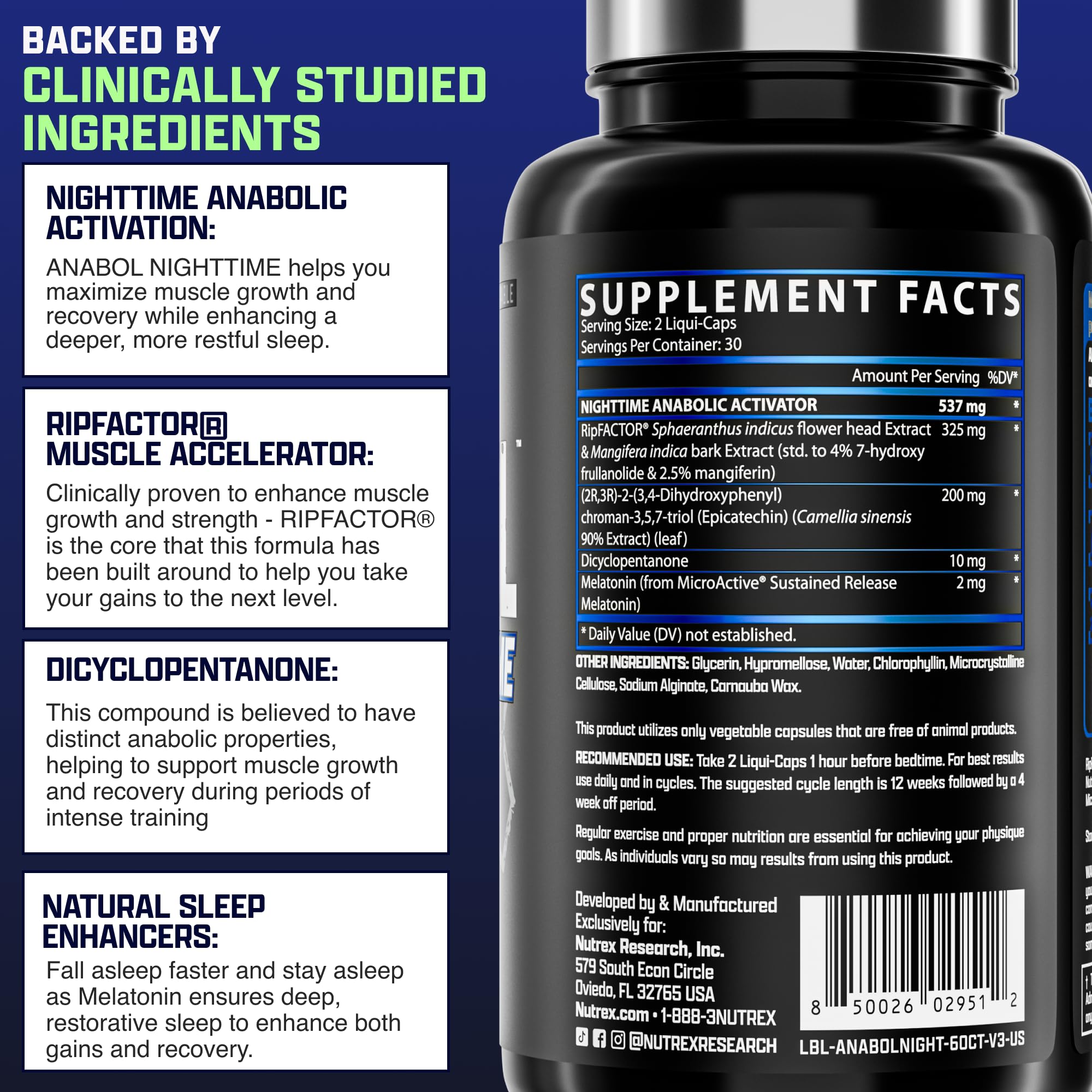 Nutrex Research Anabol Nighttime Sleep Support Supplement and Anabolic Muscle Builder for Men Post Workout Recovery Strength and Muscle Growth Capsules Count 60