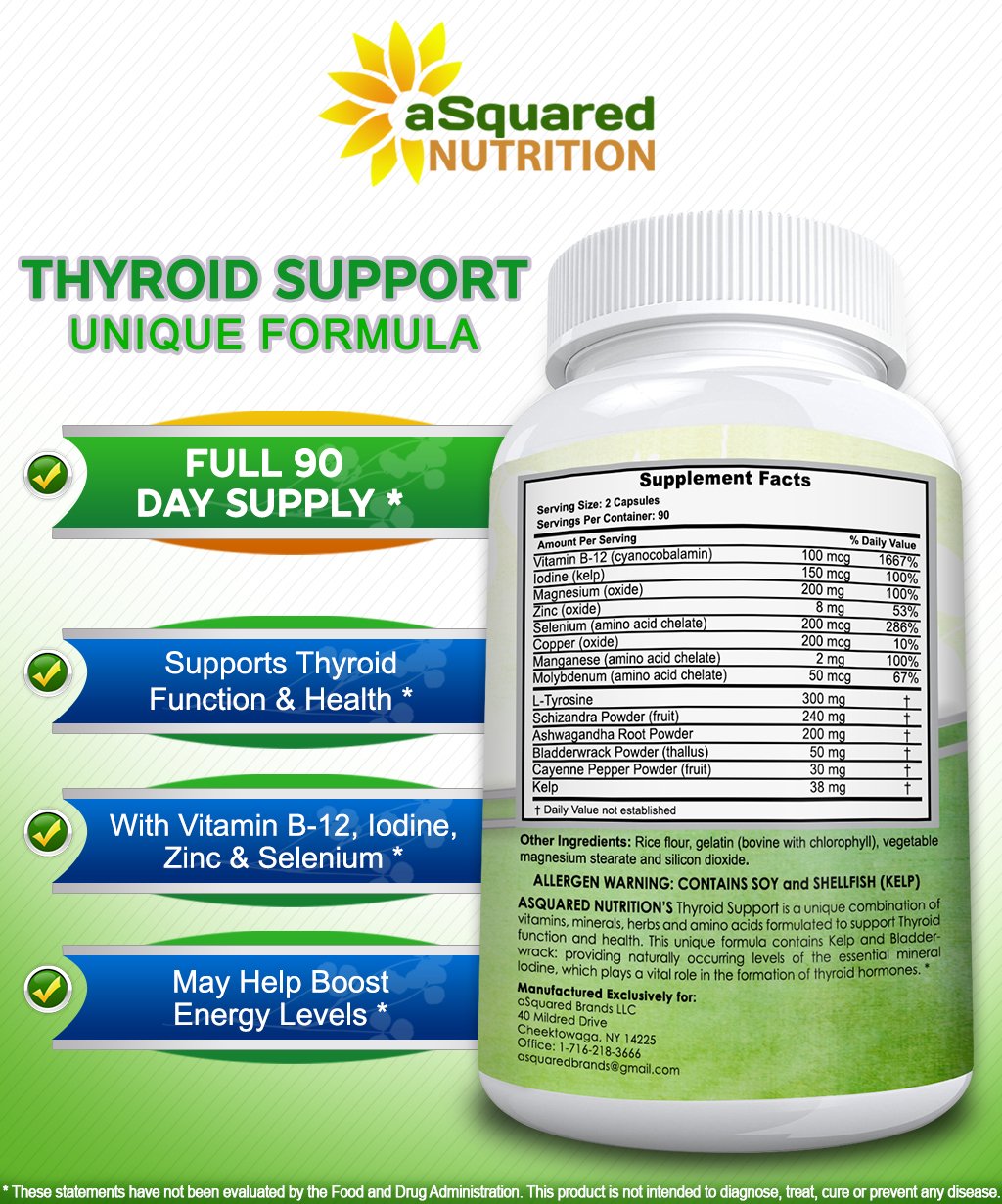 aSquared Nutrition Premium Thyroid Support Supplement with Iodine (180 Capsules) - Best Herbal & Vitamin Complex Pills w/ B12, Ashwagandha, Bladderwrack & Kelp - Helper for Healthy Hormone & Energy