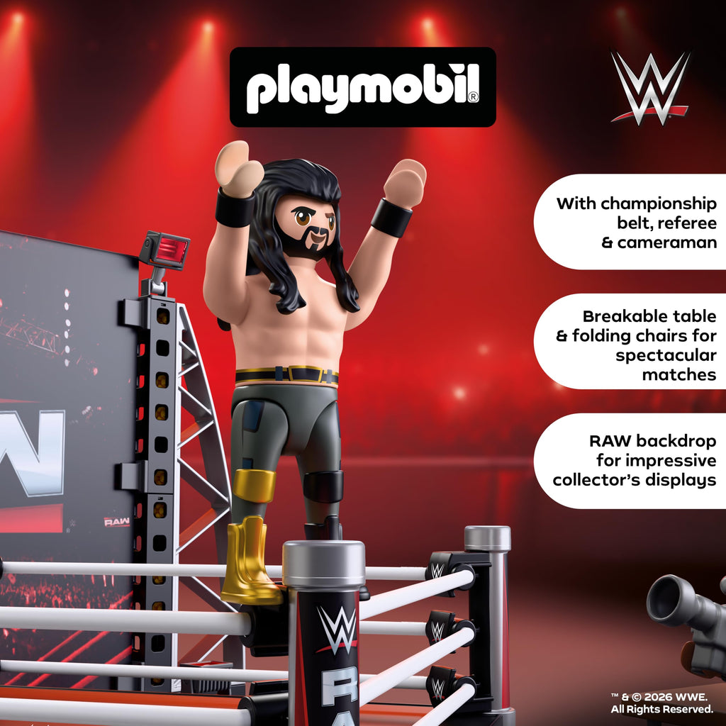 Playmobil | WWE | WWE RAW Ring Collectors Set | Wrestling Ring with CM Punk, Seth Rollins, Referee, Cameraman & Accessories | for Fans Aged 5+ | 71956