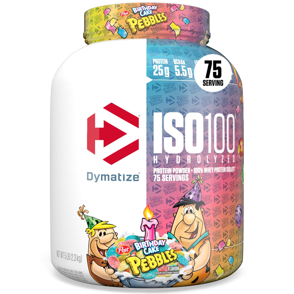 Dymatize ISO100 Whey Protein Powder Isolate, Birthday Cake, 25g of Protein, 5 Pound, 5.5g BCAAs, Less Than 120 Cal., Gluten Free, 1g Fat, 1g Sugar, 2g Carb (75 Servings)