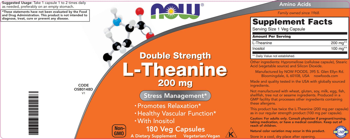 NOW Foods L-Theanine, Double Strength 200 mg Per Cap - 180 Veg Capsules - Enhanced with 100mg Inositol - Vegetarian, Non-GMO - Ltheanine 200mg Supplement