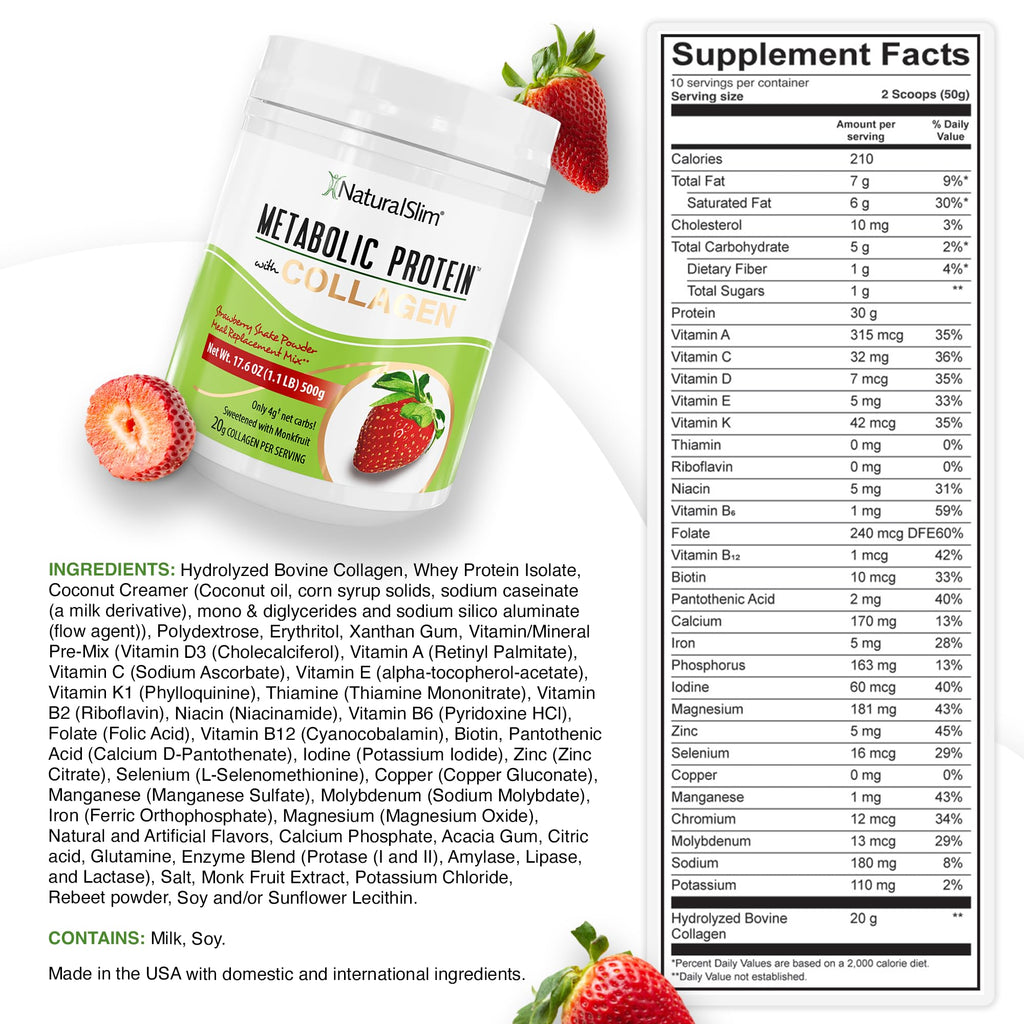 NaturalSlim Metabolic Protein Powder with Collagen | Whey Protein & L-Glutamine | Supports Metabolism, Digestion, Skin & Muscle | Low Carb | 17.06 oz Strawberry