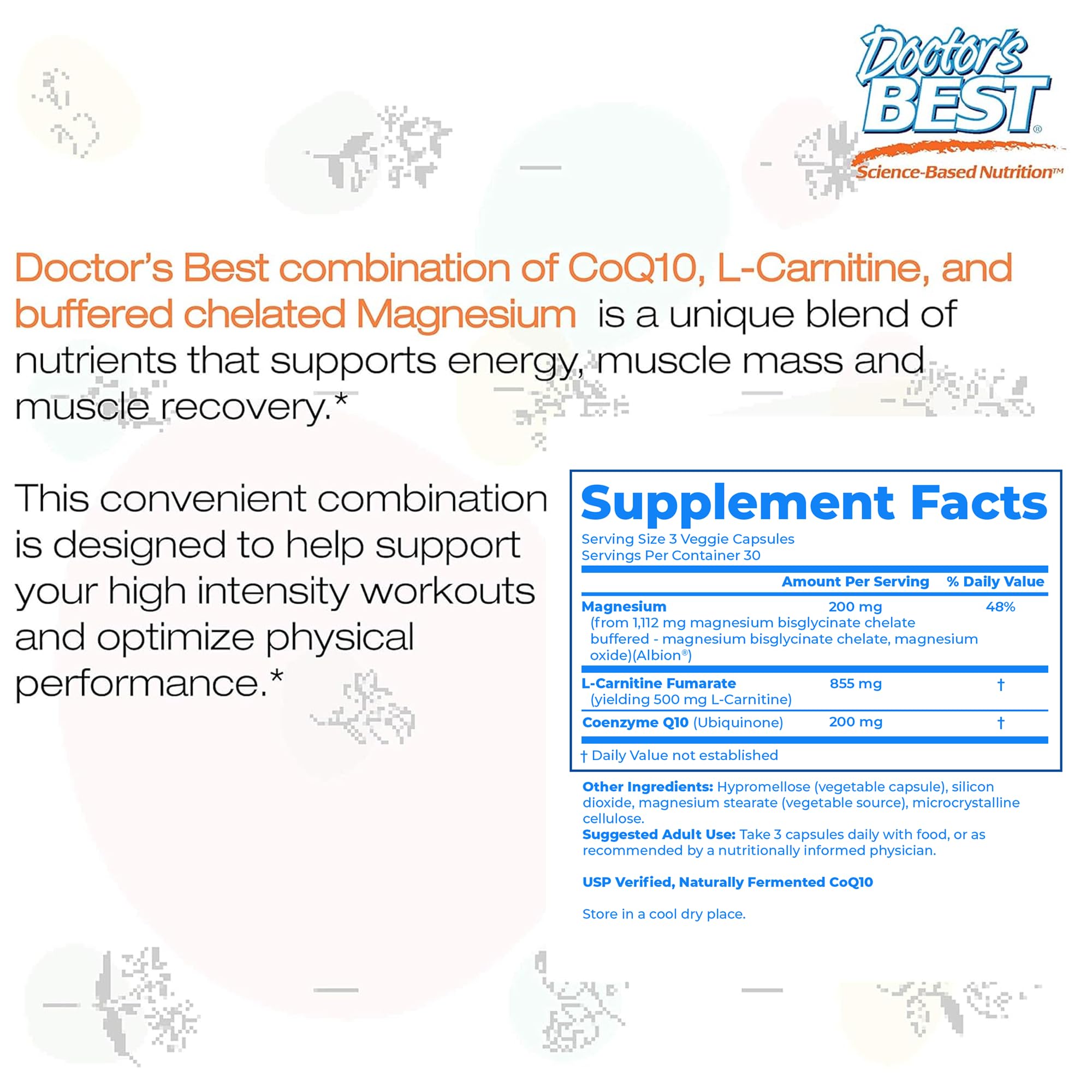 Doctor's Best CoQ10 L-Carnitine Magnesium Supplement - Energy & Exercise Support for Men & Women, Naturally Fermented Coenzyme Q10, Gluten Free, Soy Free, Vegan Formula - 90 Veg Caps