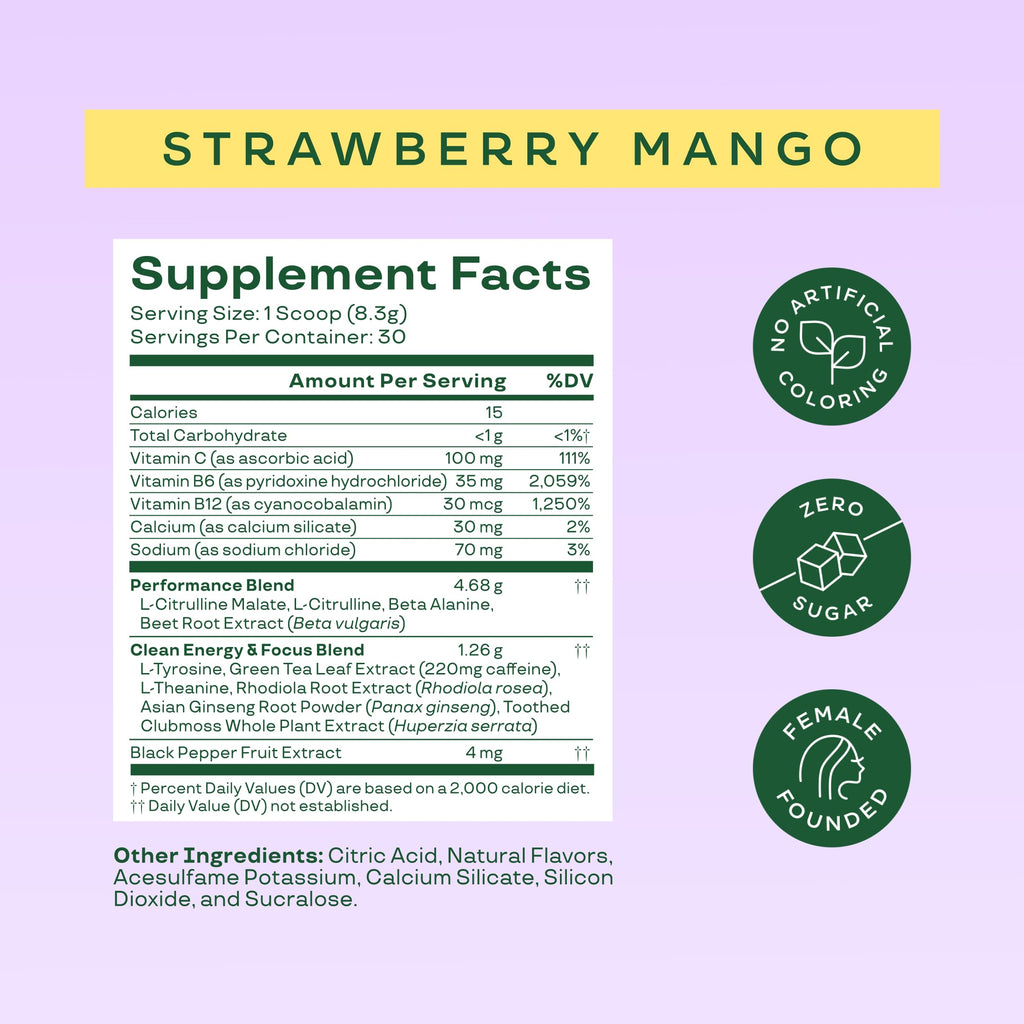 Bloom Nutrition High Energy Pre Workout with Beta Alanine, Ginseng and L Tyrosine for Amino Energy, Natural Caffeine Powder from Green Tea Extract, Keto, Sugar Free Drink Mix, Strawberry Mango