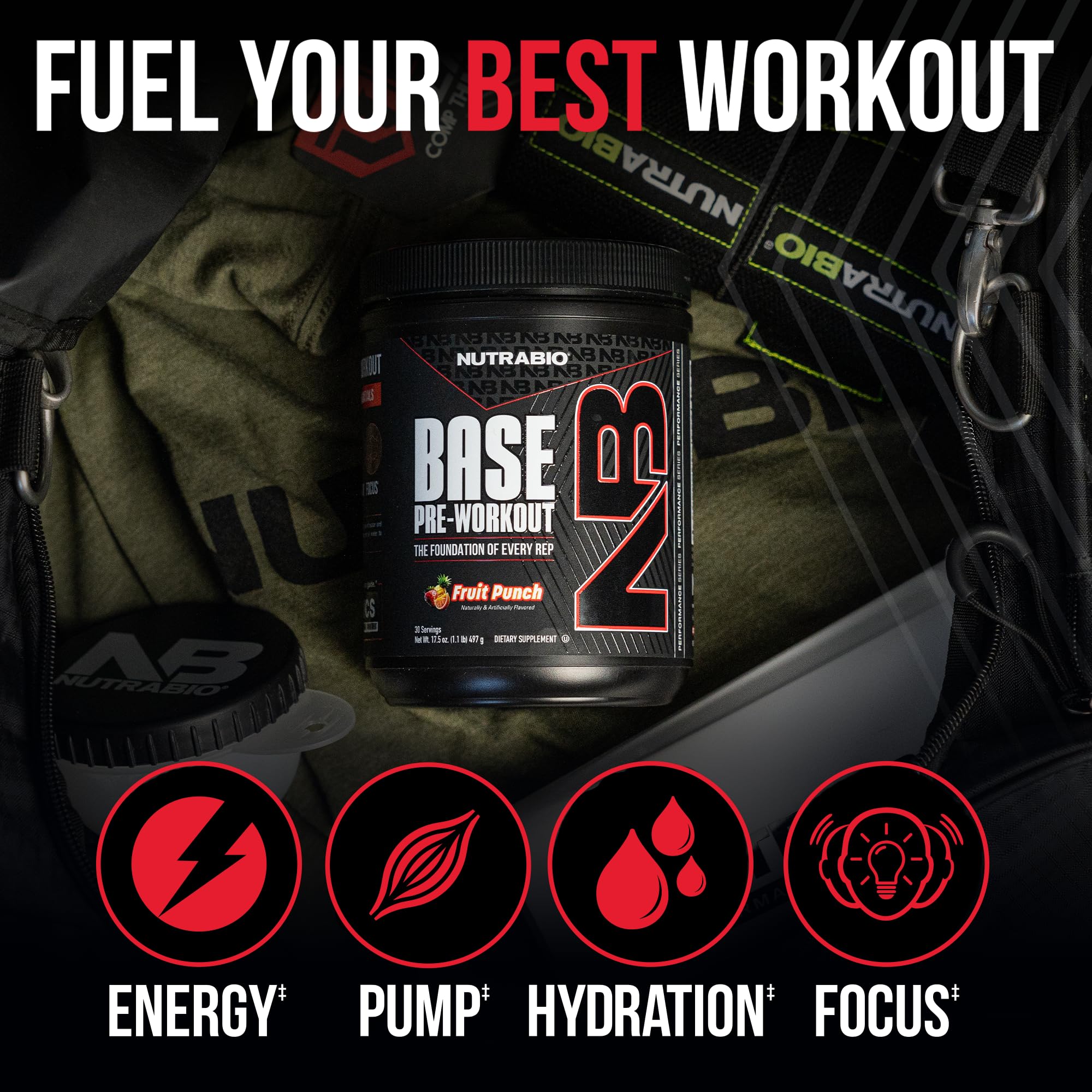 NutraBio Base Pre-Workout Powder 200mg Caffiene, Sustained Energy, Focus, Endurance, Pump, Sugar Free, Clean Preworkout for Men and Women - Beta Alanine, L-Tyrosine, 30 Servings - Fruit Punch