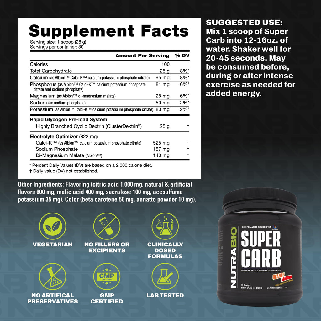 NutraBio Super Carb, Carbohydrate Powder with Cluster Dextrin & Electrolytes, Advanced Carb Supplement Powder for Workout Fuel, Performance, and Muscle Recovery, Cyclic Dextrin, Orange Mango, 30 Sv