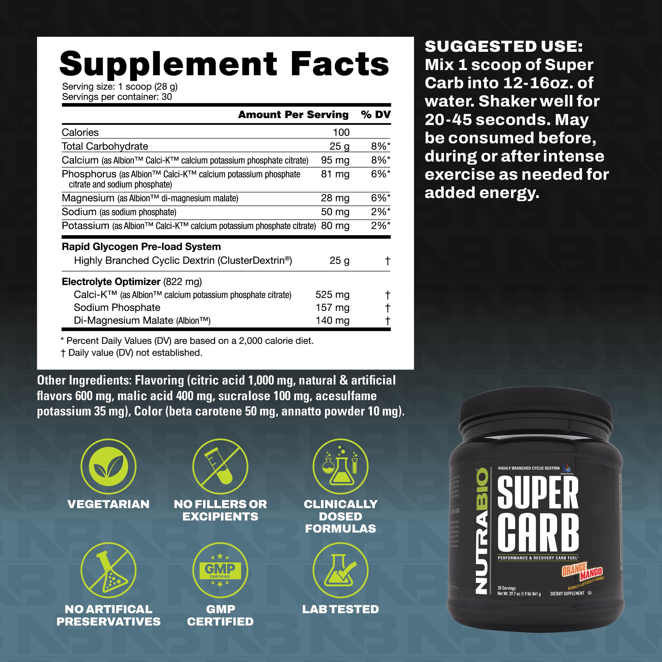 NutraBio Super Carb, Carbohydrate Powder with Cluster Dextrin & Electrolytes, Advanced Carb Supplement Powder for Workout Fuel, Performance, and Muscle Recovery, Cyclic Dextrin, Orange Mango, 30 Sv