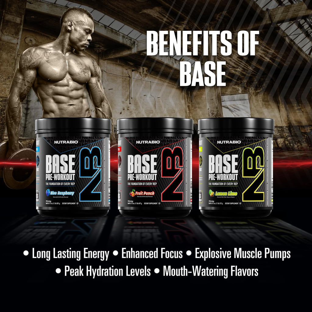NutraBio Base Pre-Workout Powder 200mg Caffiene, Sustained Energy, Focus, Endurance, Pump, Sugar Free, Clean Preworkout for Men and Women - Beta Alanine, L-Tyrosine, 30 Servings - Fruit Punch