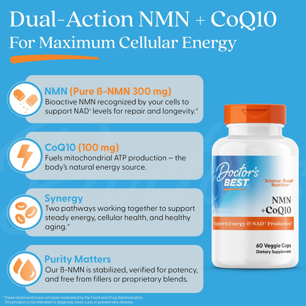 Doctor's Best NMN + CoQ10 Supplement for Women & Men - Supports NAD+ Production & Cellular Energy, Beta Nicotinamide Mononucleotide 150 mg & Coenzyme Q10 50 mg per Capsule, Vegan, Non GMO- 60 Veg Caps