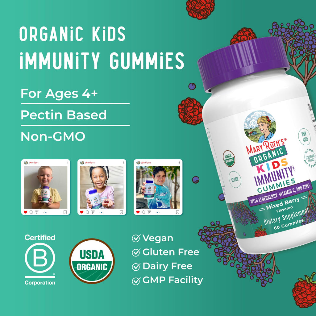 MARYRUTH'S Organic Kids Immune Support Gummies with Elderberry, 60 Count