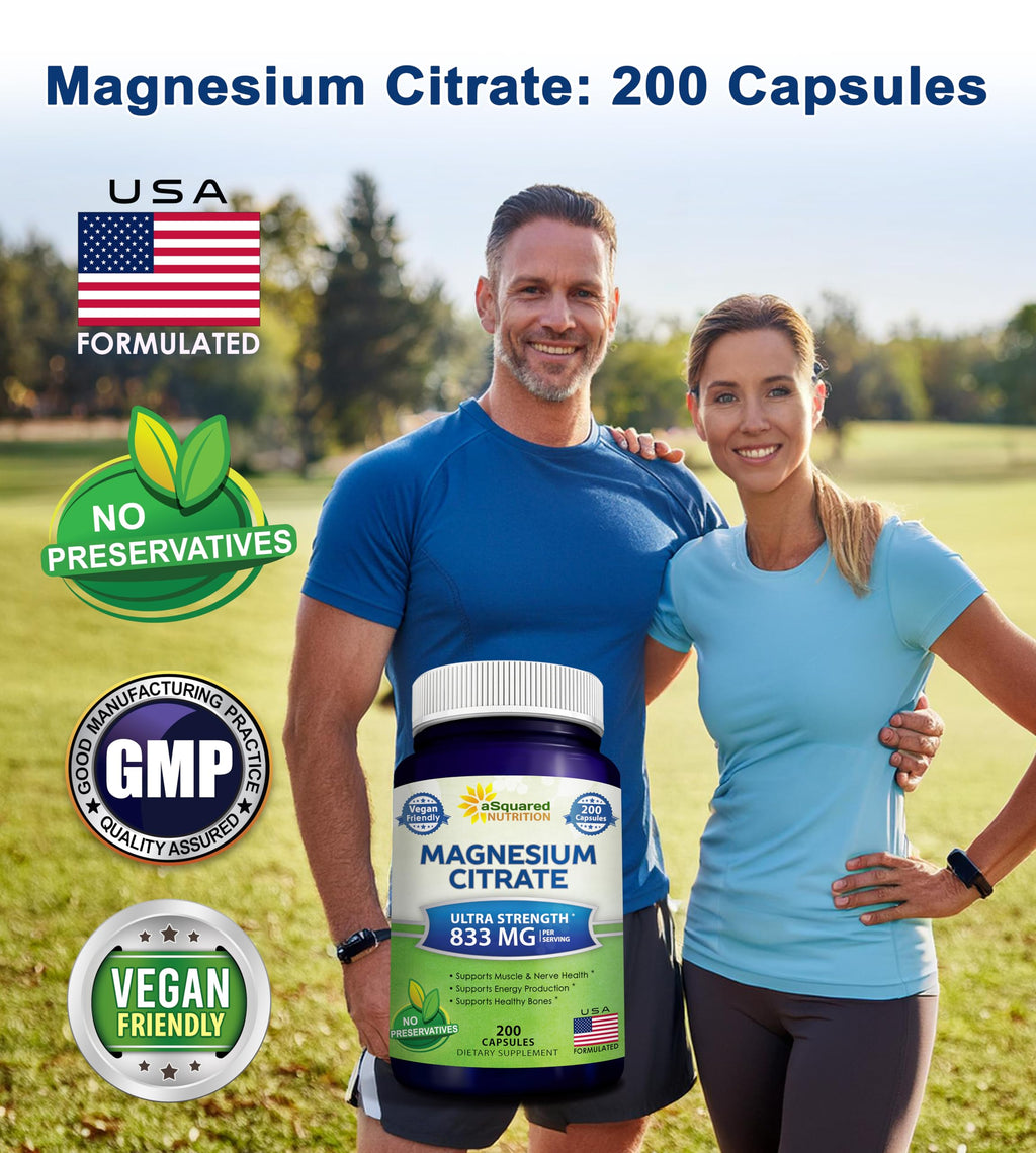aSquared Nutrition Magnesium Citrate 833mg Supplement - 200 Capsules - Max Strength Vegan Mag Citrate Powder Pills to Support Pure Function of Muscles, Heart & Bones - Helps Increase Energy