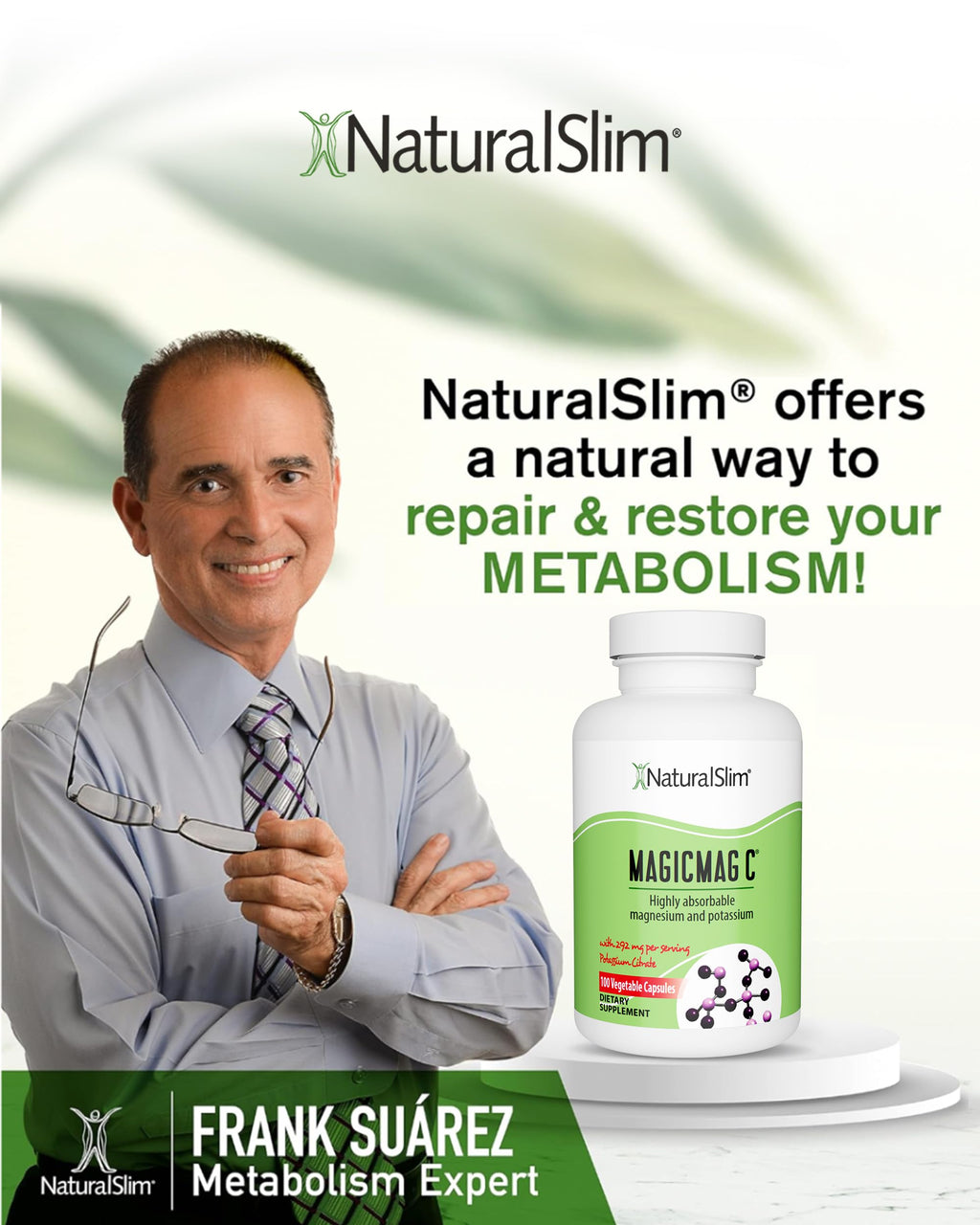 MagicMag C by NaturalSlim, Magnesium Citrate Capsules for Muscle Relaxation, Sleep Quality, Nerve Function & Electrolyte Support, Daily Magnesium Supplement for Men and Women, 100 Capsules 2 pack.