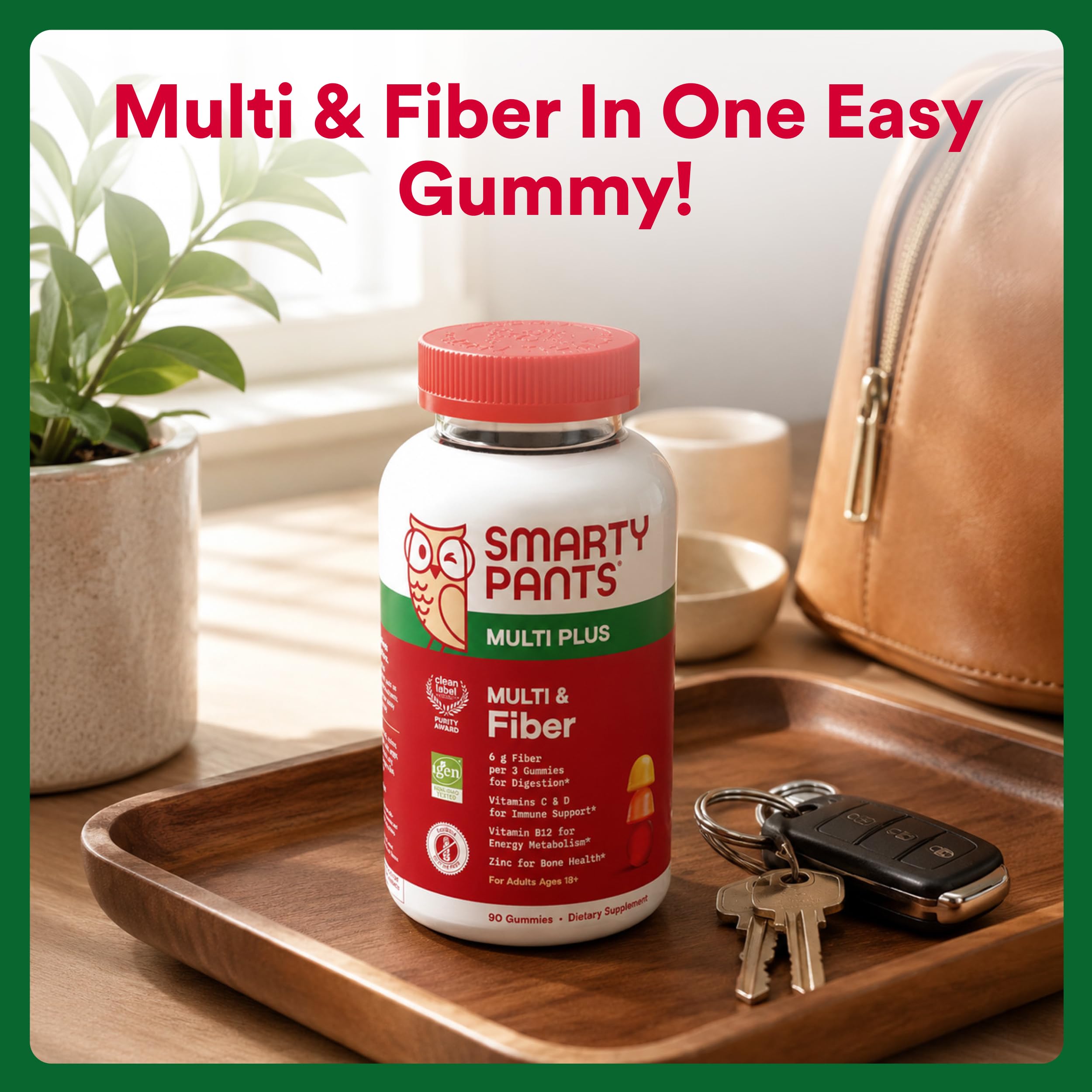 SmartyPants Plus Multi & Fiber Men and Women's Multivitamin Gummies with Prebiotic Fiber, Omega 3 DHA/EPA, Vitamin D3, C, B12, B6, A, K, Zinc, Clean Label, Three Fruit Flavors,90 Count (30 Day Supply)