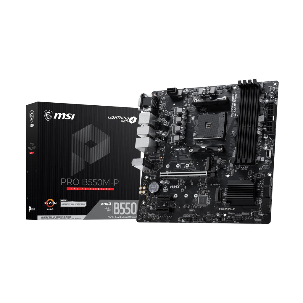 MSI PRO B550M-P Motherboard, mATX - Supports AMD Ryzen 5000/5000 G-Series, 4000 G-Series, 3000/3000 G-Series Desktop Processors, AM4 - DDR4 Memory Boost (up to 4400+ MT/s OC), PCIe 4.0 x16, M.2 Gen4
