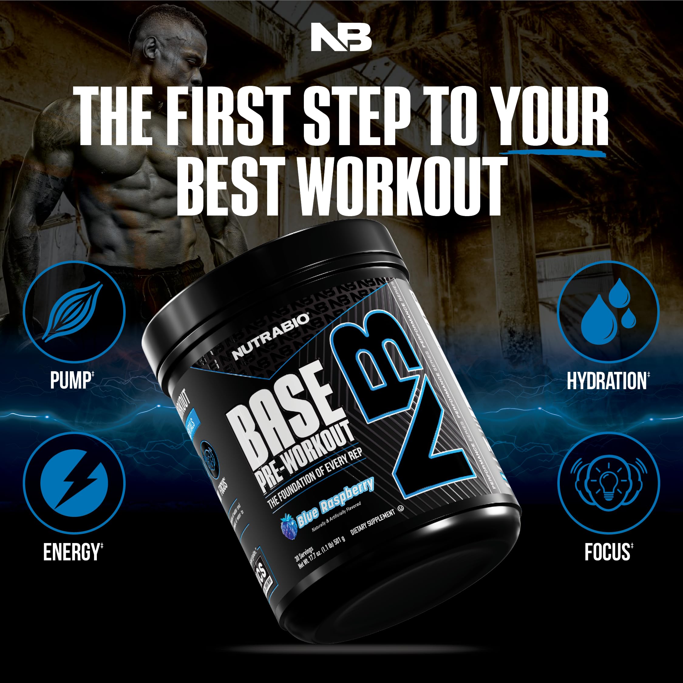 NutraBio Base Pre-Workout Powder 200mg Caffeine, Sustained Energy, Focus, Endurance, Pump, Sugar Free, Clean Preworkout for Men and Women - Beta Alanine, L-Tyrosine, 30 Servings - Blue Raspberry